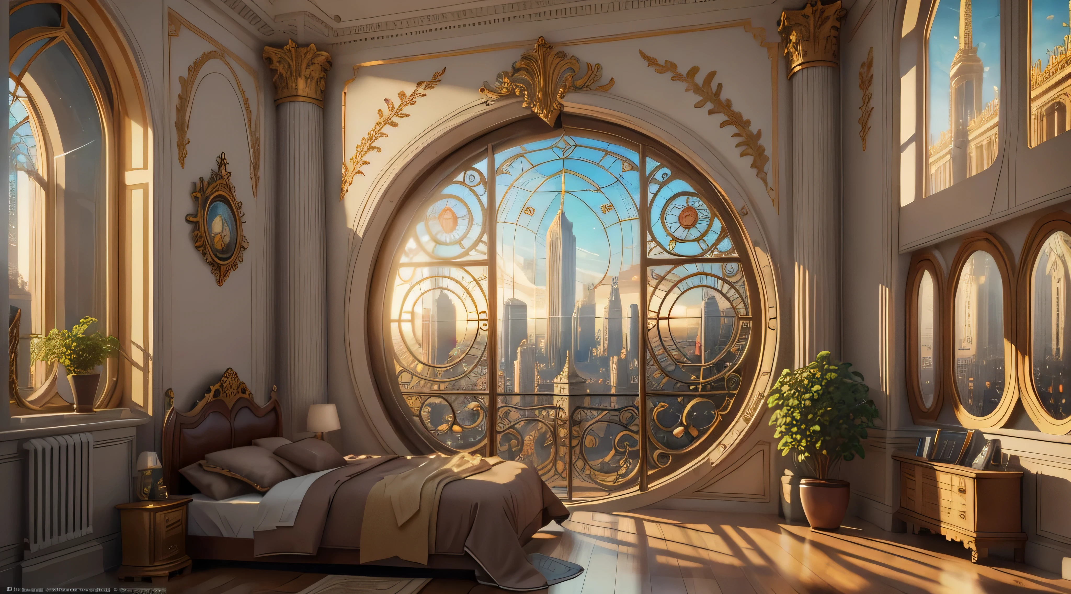 (((Create a Gorgeous Versailles-Style Bedroom,Has large historic windows.))) Outside the window is a surreal cyberpunk dream cityscape. The city view is very detailed,There are many lights and LED neon colors and many different sized buildings. Cityscapes with all the colors of the rainbow,and rented a fun steampunk airship. Watch the Giant Steampunk Clock ((Through the window)). (((It was quiet in the bedroom.))) The whole artwork is very realistic,There are many small details and improvements. 3d rendering beep sound, artstation and beeple are highly rated, in fantasy sci - fi city, Inspired by bees, 8K, Unreal EngineUnity CGI. Masterpiece and pop. Add many wonderful and beautiful details and nuances.