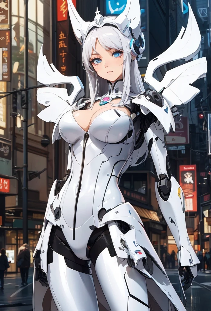 (Detailed illustrations,Very detailed and detailed drawing,Delicate lines with slow and rapid,Realistic texture expression),[Color tressed main line],[Skyscrapers of a modern city can be seen in the distance], ((ANIME)) (Giant white ROBOTGirl SKINNY towering over the building street [Total length 40 meters]),[AUTOMATON] (ROBOT FACE [Luminescent eyes]) [Chain-shaped hair] (Delicate thin fingers) (MACHINEKNIGHT [Titanium skeleton]),[It is called the princess lily of white porcelain] Large crown with large raised shoulder rests (Elegant appearance with a lot of curved surfaces Smooth body surface) (Ruffle Petticoat) [White lily pattern],[[TITANWEAPON]] Mecha Body Metal Skin [Cable running down the body surface [gear wheel]],[Platinum coating],[Science Fiction Mechanical],(Huge feeling),(Intricate and beautiful decoration [Dense detail]),(Fine and beautiful skin expression [Transparency]),[完璧な目のdetaileds (Iris beautifully drawn in every detail)[Jewel-like eyes]],[long and beautiful eyelashes],[Meticulously drawn hair [美しく艷やかな髪のdetaileds]],(完璧な手のdetaileds [Beautiful fingers without breakdowns [Beautiful nails]]),(Perfect Anatomy(Perfectly proportioned))[[Full body like]],[Ideal color coordination(Accurate simulation of light-material interactions)],([Precision Detail](detaileds,high-detail)),[Visual art that conveys a sense of narrative].