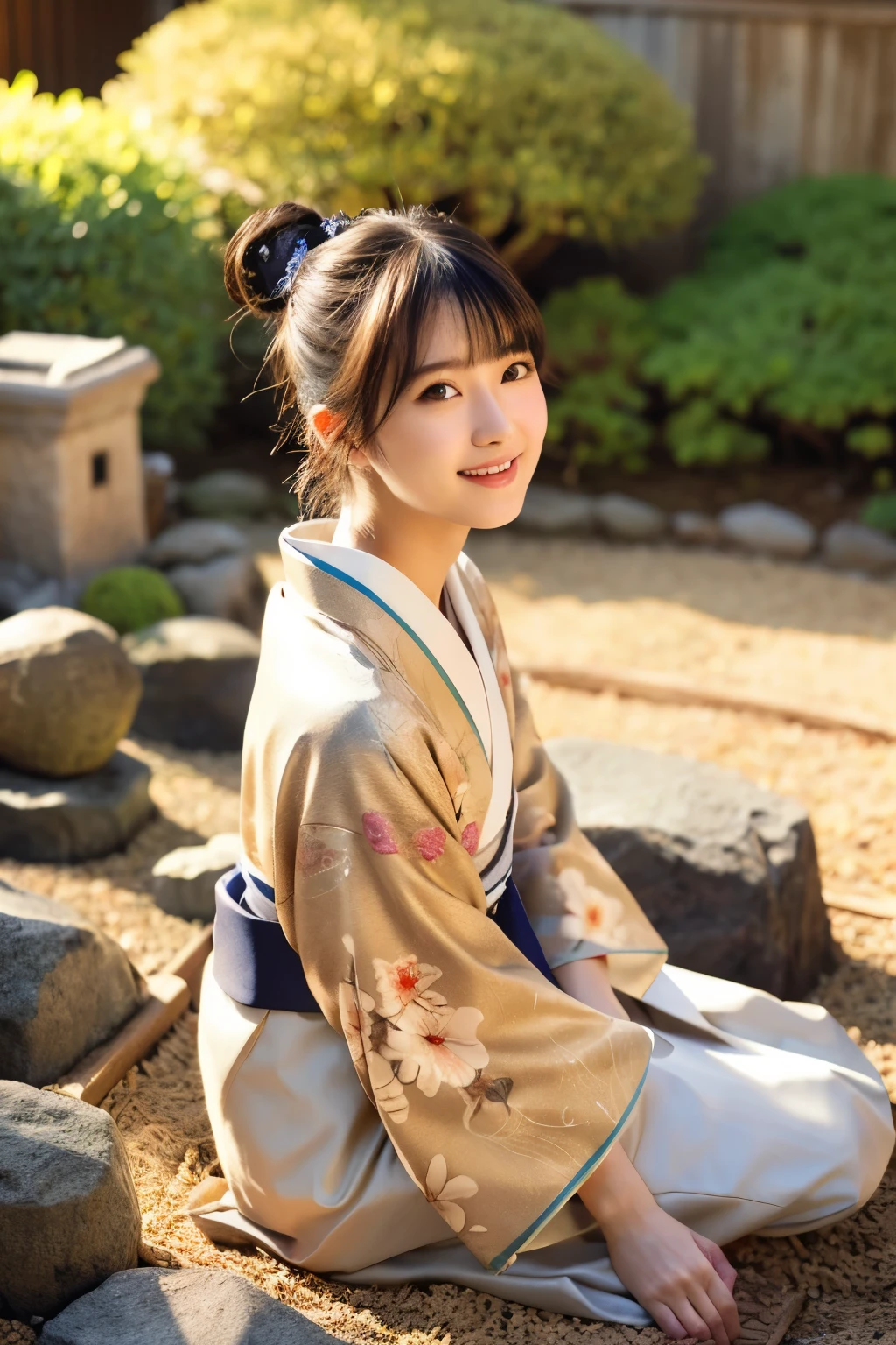 (Realistic:1.3), Rembrandt lighting, (masutepiece:1.2), (photoRealistic:1.2), (Best Quality), (Detailed skin:1.3), (Intricate details), Ray tracing,1girl in, japanaese girl, 21 years old, Detailed skin texture, (blush:0.5), Subsurface scattering, Smiling, updo hair, Bangs, hair between eye, Hair ornaments, Kimono, with floral pattern, wearing edgJF_Kimono, Seiza (bright sunny day, Autumn setting, Autumn trees々and leaves, (a Zen garden:1.2)