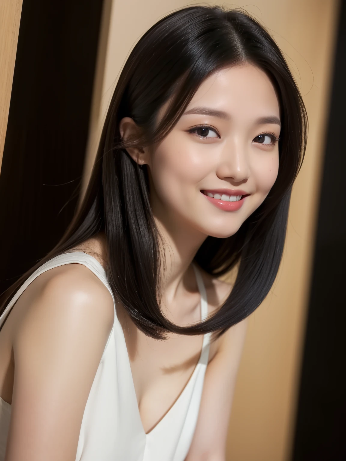 ((Top quality, 8K, Masterpiece: 1.3)), Beautiful girl, Pure, Melon face, Kind and cute, Sweet smile, Pure desire, Slender body, (Front), (Tilted head), ((Looking at camera) ), wearing a casual suit, long black silky hair, long flowing shoulders, round black big eyes, clear big eyes, moist red lips, sweet, standing, hotel front background, (((whole body))),
