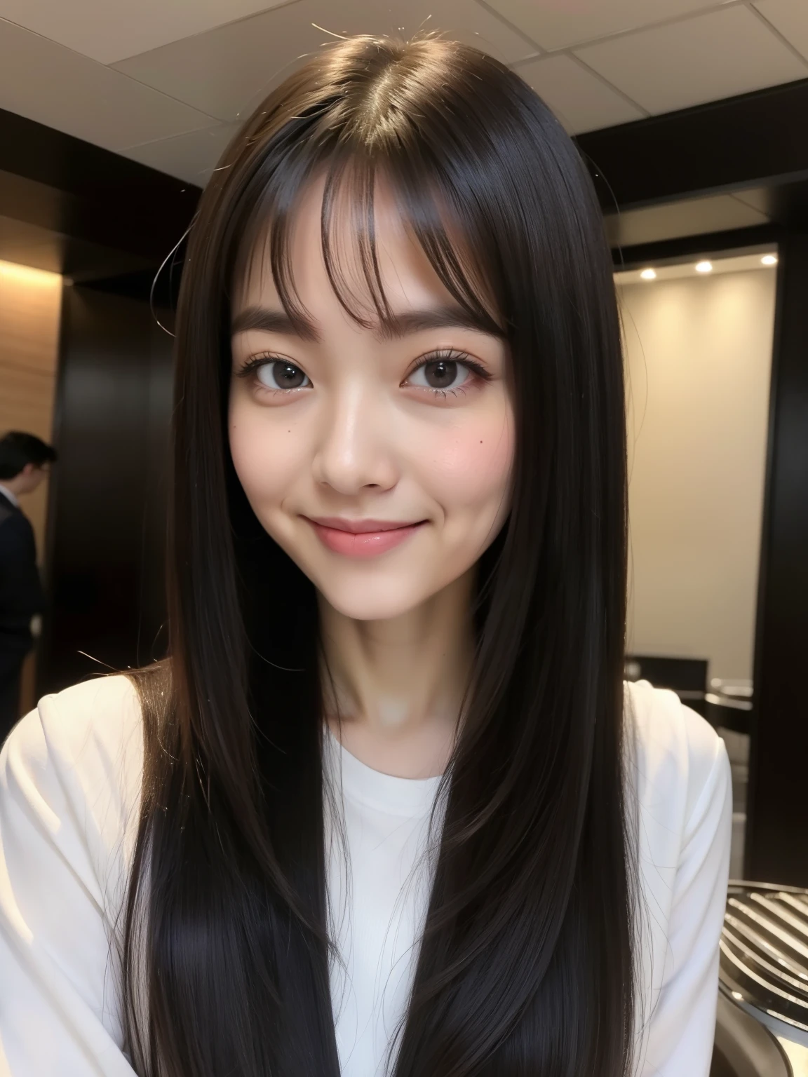 ((Top quality, 8K, Masterpiece: 1.3)), Beautiful girl, Pure, Melon face, Kind and cute, Sweet smile, Pure desire, Slender body, (Front), (Tilted head), ((Looking at camera) ), wearing a casual suit, long black silky hair, long flowing shoulders, round black big eyes, clear big eyes, moist red lips, sweet, standing, hotel front background, (((whole body))),