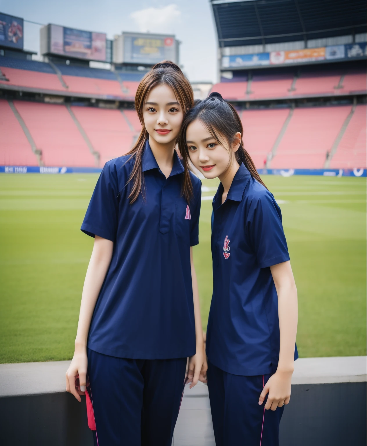 (bestquality,10,10,highres,masterpiece:1.2),ultra-detail,(Realistic,ภาพRealistic,photo-realistic:1.37),1 Cute girl in the football field,oily shiny skin,bara,light smile,BDclothelue shirt:1.3)),short sleeves,shirt, trousers.,(navy_long_ติดตามtrousers:1.1), ((Stadium Background:1.3)),dynamic angle,excited,face focus,Dynamic Poses,from behide,Ass Focus,masterpiece, bestquality, ultra realistic, hyper-detail, 8k resolution, RAW photo, crisp focus, ((Navy blue shirt:1.1)), short sleeves, เส้นทางlong, Complete bodyแบบ, 2 mature women, 18yo, cinematic light,trousersวอร์มสีน้ําเงิน,Gymware,Correct anatomy,Complete body, Correct body, sharp face, Correct bodyทางกายวิภาค, full entire body, Realistic gestures, long-haired, Realistic poses,Wear long shorts...........................................,ช่วงขาlong,Shapely,Sculpting Girl, Slender Figure, mannequin mannequins, Shapely, Beautiful body,trousersวอร์มสีน้ําเงิน, Two girls kissing