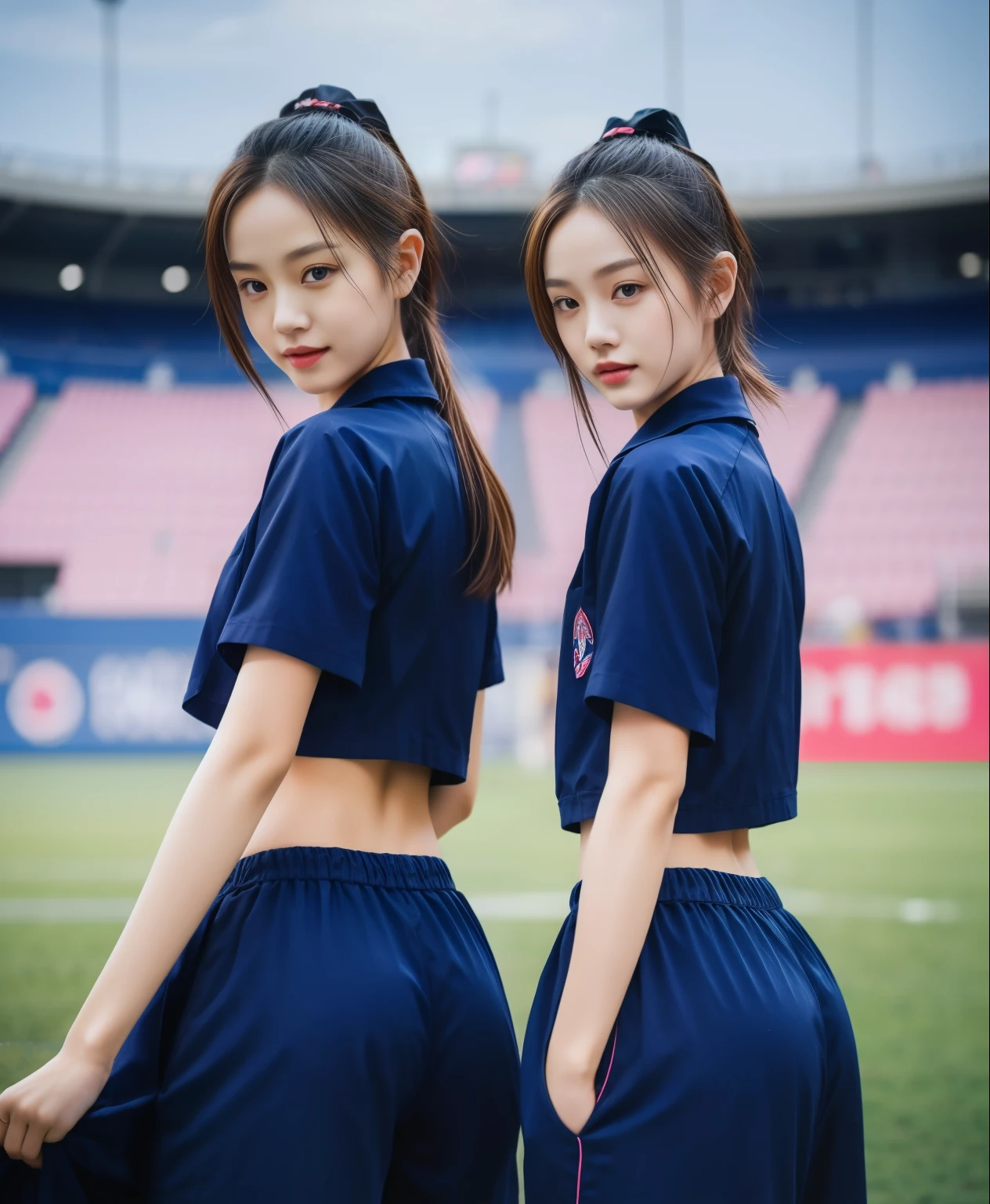 (bestquality,10,10,highres,masterpiece:1.2),ultra-detail,(Realistic,ภาพRealistic,photo-realistic:1.37),1 Cute girl in the football field,oily shiny skin,bara,light smile,BDclothelue shirt:1.3)),short sleeves,shirt, trousers.,(navy_long_ติดตามtrousers:1.1), ((Stadium Background:1.3)),dynamic angle,excited,face focus,Dynamic Poses,from behide,Ass Focus,masterpiece, bestquality, ultra realistic, hyper-detail, 8k resolution, RAW photo, crisp focus, ((Navy blue shirt:1.1)), short sleeves, เส้นทางlong, Complete bodyแบบ, 2 mature women, 18yo, cinematic light,trousersวอร์มสีน้ําเงิน,Gymware,Correct anatomy,Complete body, Correct body, sharp face, Correct bodyทางกายวิภาค, full entire body, Realistic gestures, long-haired, Realistic poses,Wear long shorts...........................................,ช่วงขาlong,Shapely,Sculpting Girl, Slender Figure, mannequin mannequins, Shapely, Beautiful body,trousersวอร์มสีน้ําเงิน, Two girls kissing