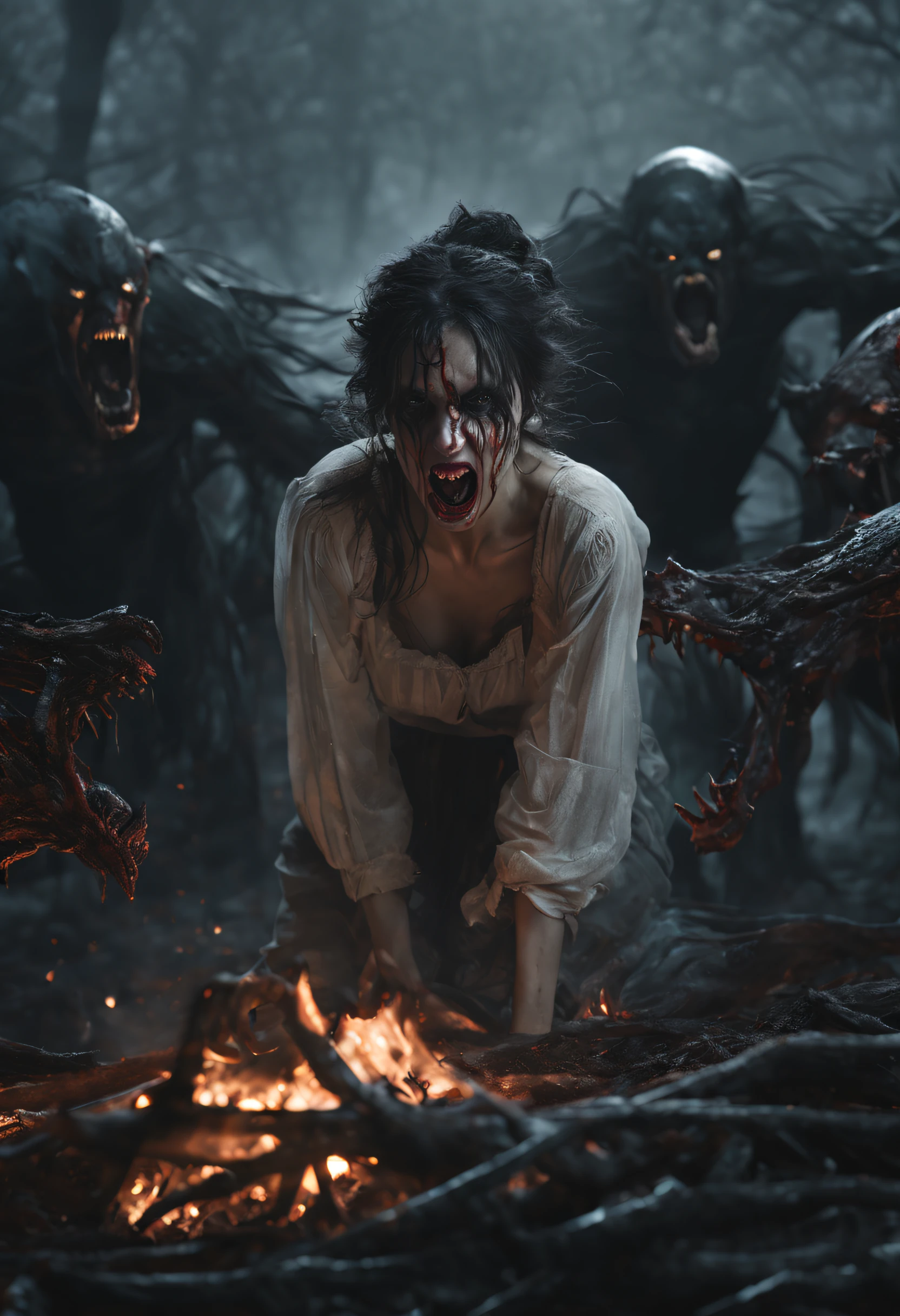 (best quality,4k,8k,highres,masterpiece:1.2),ultra-detailed,(realistic,photorealistic,photo-realistic:1.37),horror,dark,portrait,woman,vampire,fierce struggle,escape,biting,pitch black night,campfire,dead body,blood stains,scratches,pale skin,fang,evil grin,bloody mouth,disheveled hair,intense expression,gloomy atmosphere,shadows,dramatic lighting,agonizing screams,ominous forest,desperation,terror,unsettling silence,nightmarish,Inhuman strength,carnage,darkness slowly consuming.