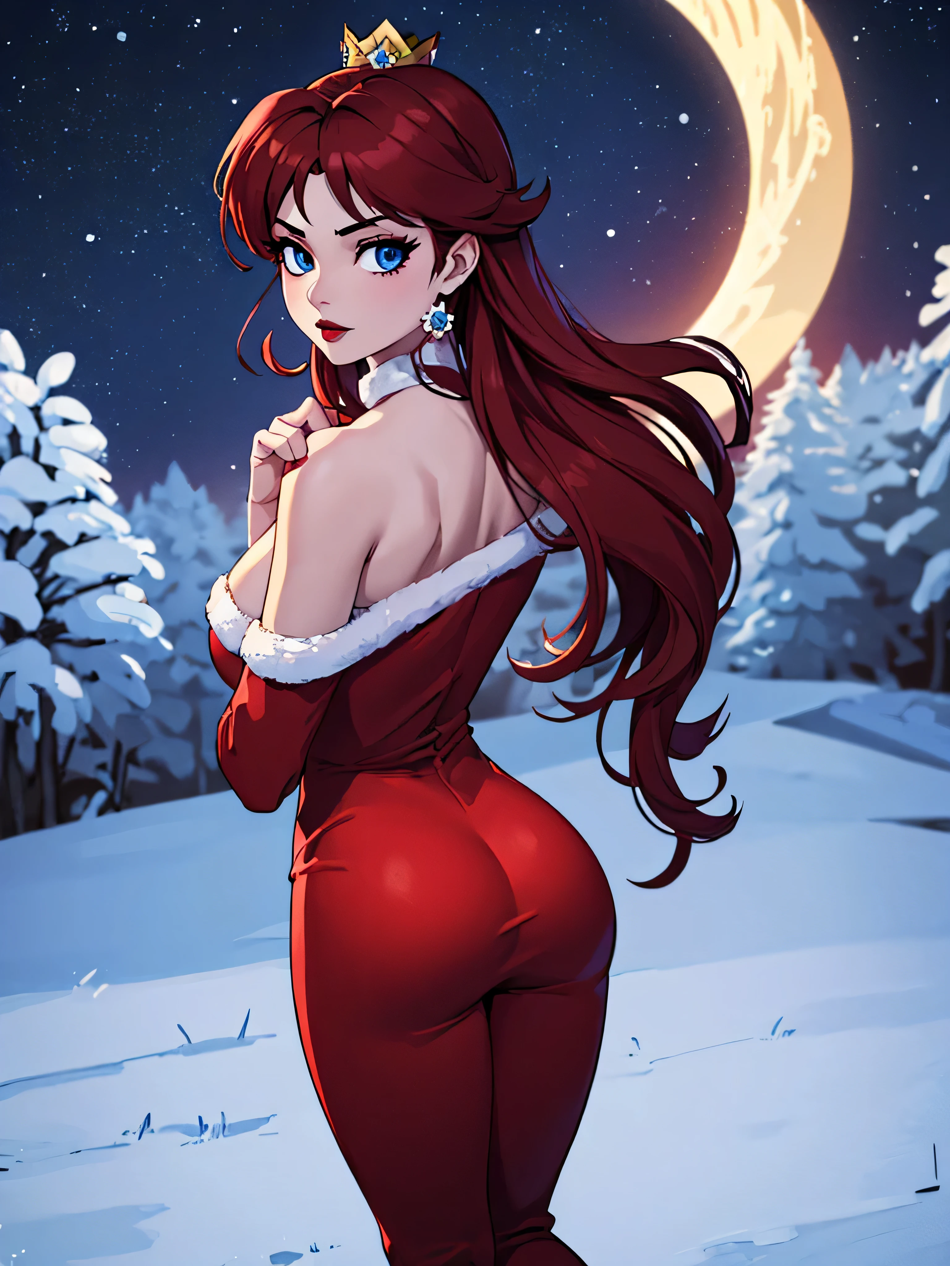 ((high detailed, best quality, 4k, masterpiece, hd:1.3)), ((best quality)), (((HD))), (((8k))), (ultraDH), (ultra HD), Snowy Forest background, snowflake pattern, Princess Daisy, blue eyes, BREAK blue eyes, seductive, attractive, smooth anime cg art, 36C breasts, long legs, vivid colors, detailed digital art, slim body, perfect skin, dark red hair, long hair, dark hair, red hair, BREAK crown, cleavage, 36C cleavage, looking at viewer, BREAK looking at viewer, extremely detailed face, red santa suit, red santa claus suit, santa claus suit, earrings, gem, dark black makeup lips, dark gothic eyeshadows, dark eyeshadows, black eyeshadows, black sexy lips, black lips, (dark:1.2), dark lips, very dark lips, (perfect hands, perfect anatomy), black makeup, black medium lips, black thick lips, detailed fingers, five fingers per hand, 5 fingers, (1 girl), detailed lips, detailed black lips, black painted lips, gothic painted lips, BREAK night, night sky, (from above:1.1), (off shoulder:1.1), (((With your back turned:1.5, Looking Back Pose))), ((Looking back)),