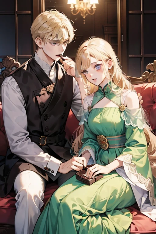 a couple, 1 girl 1 boy, Hair color is different, long black bangs and purple eyes,, short blonde hair and green eyes, Romance, sit on one's knees, Face to face. elegant long dress、masutepiece, Best Quality, 1男孩、女の子1人, short blonde hair, long wavy pink hair, ((boy gives chocolate to girl)), Boys are tall, 18 year old, The girl is a brunette.