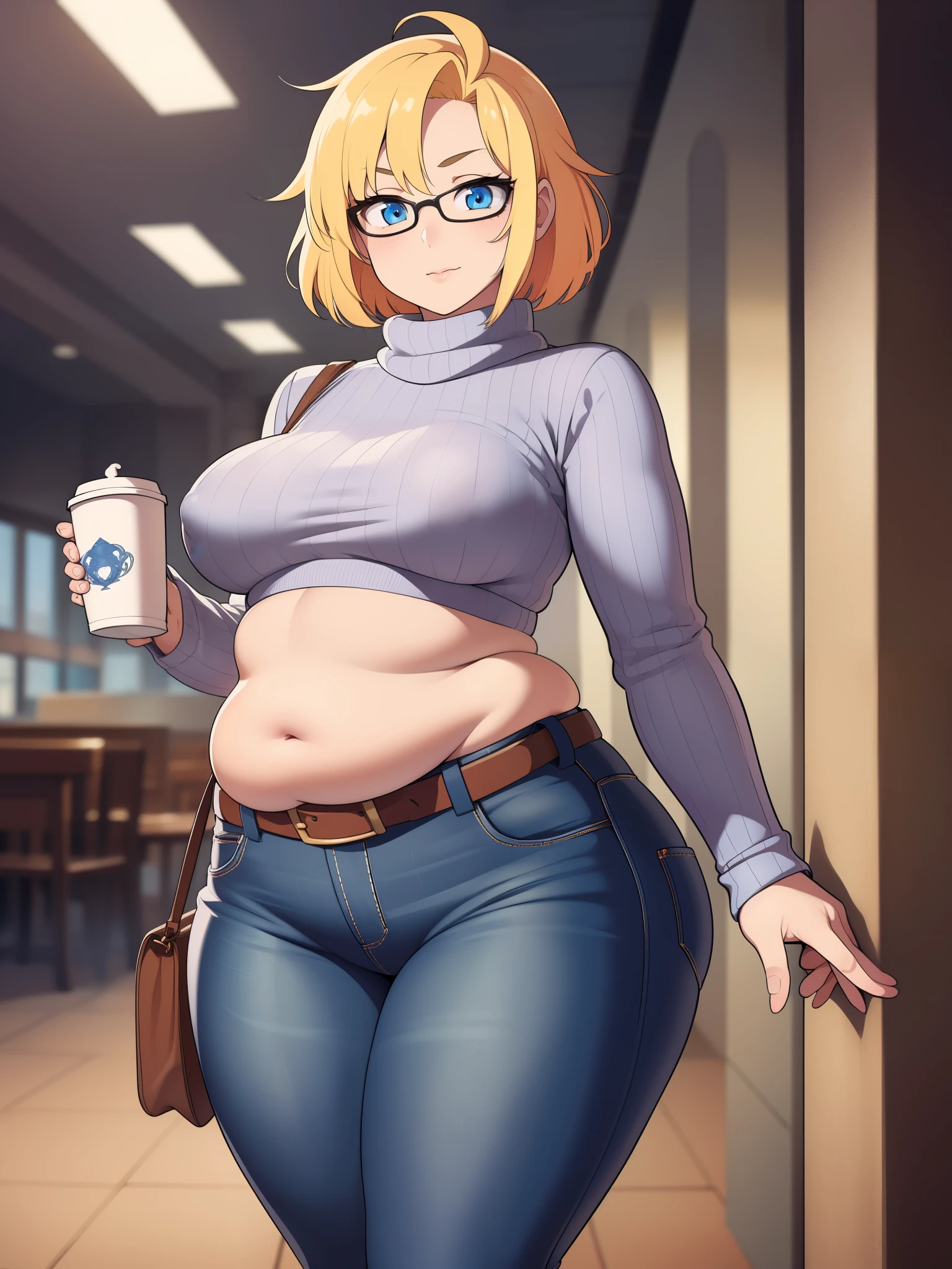 ((Masterpiece)), perfect anatomy, perfect shading, field of depth, (best quality), extremely delicate and beautiful, perfect lighting, detailed face, ultra cute face, cute, (cowboy shot 1.2), full body, (((1girl))), ((solo)), looking at viewer,
short hair, fluffy hair, blonde hair, blue eyes, Glasselush)), shy, nervoulack turtleneck sweater 1.5), (jeans 1.2), belt, extremely tight clothes, medium breasts, ((wide hips)), ((thick thighs)), ((chubby)), belly bulge, belly hang,
coffee shop, intricate background, detailed background, hand on hip, holding coffee cup,