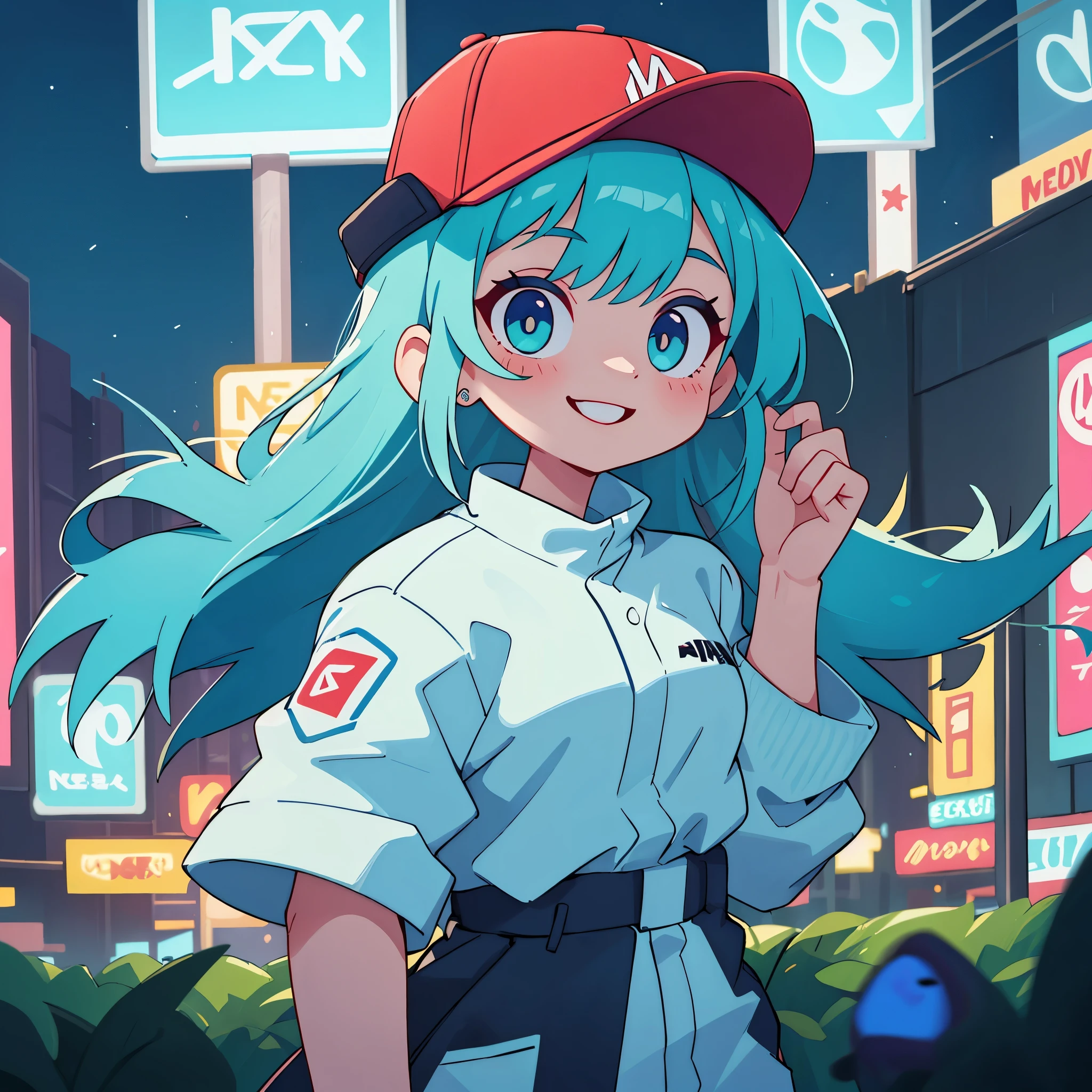 1girl, only one girl, wear clothes inspired by streetwear style, peacock blue hair, at night, in neon city, neon city, wearing a baseball cap, looking at the viewer, smiled a little, young lady