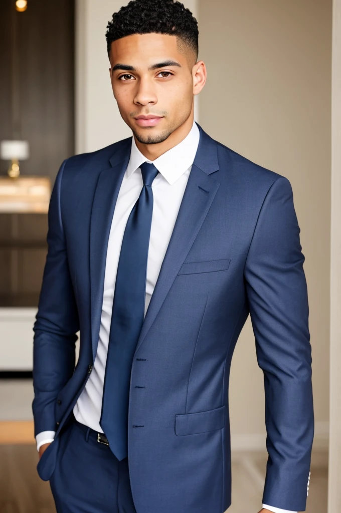 high quality handsome light skin mixed race man, wearing a navy blue suit looking at the camera