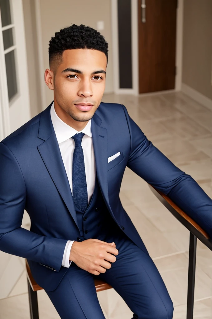 high quality handsome light skin mixed race man, wearing a navy blue suit looking at the camera