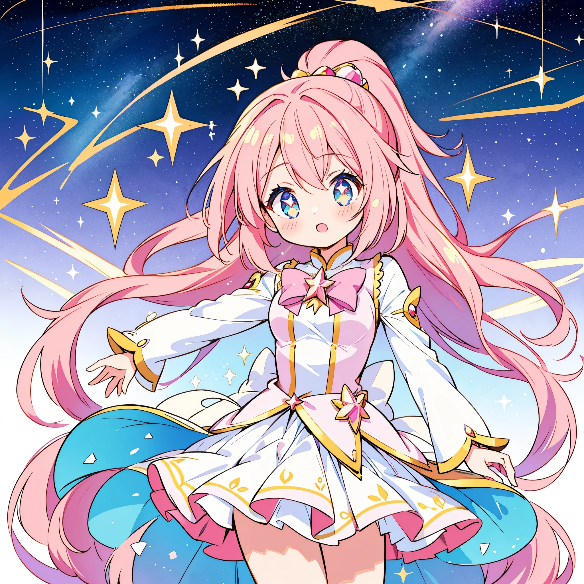 Anime star magical girl, sparkling magical girl, portrait of the magical girl, beautiful celestial mage, magical , anime goddess, celestial magical girl, colorful gradient layered magical costume, (colorful), whimsical, cute, full body