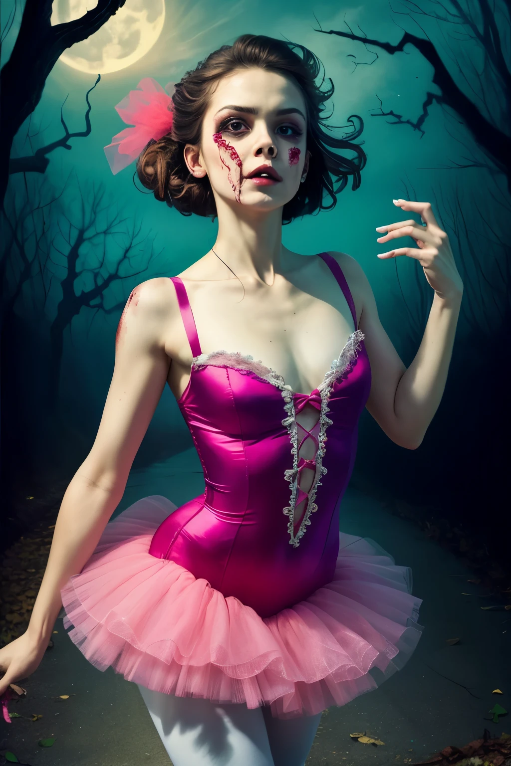 ((best quality)), ((masterpiece)), (detailed), perfect face, A lone zombie ballerina with tattered tutu gracefully dances amidst decaying scenery, her movements a haunting echo of her past