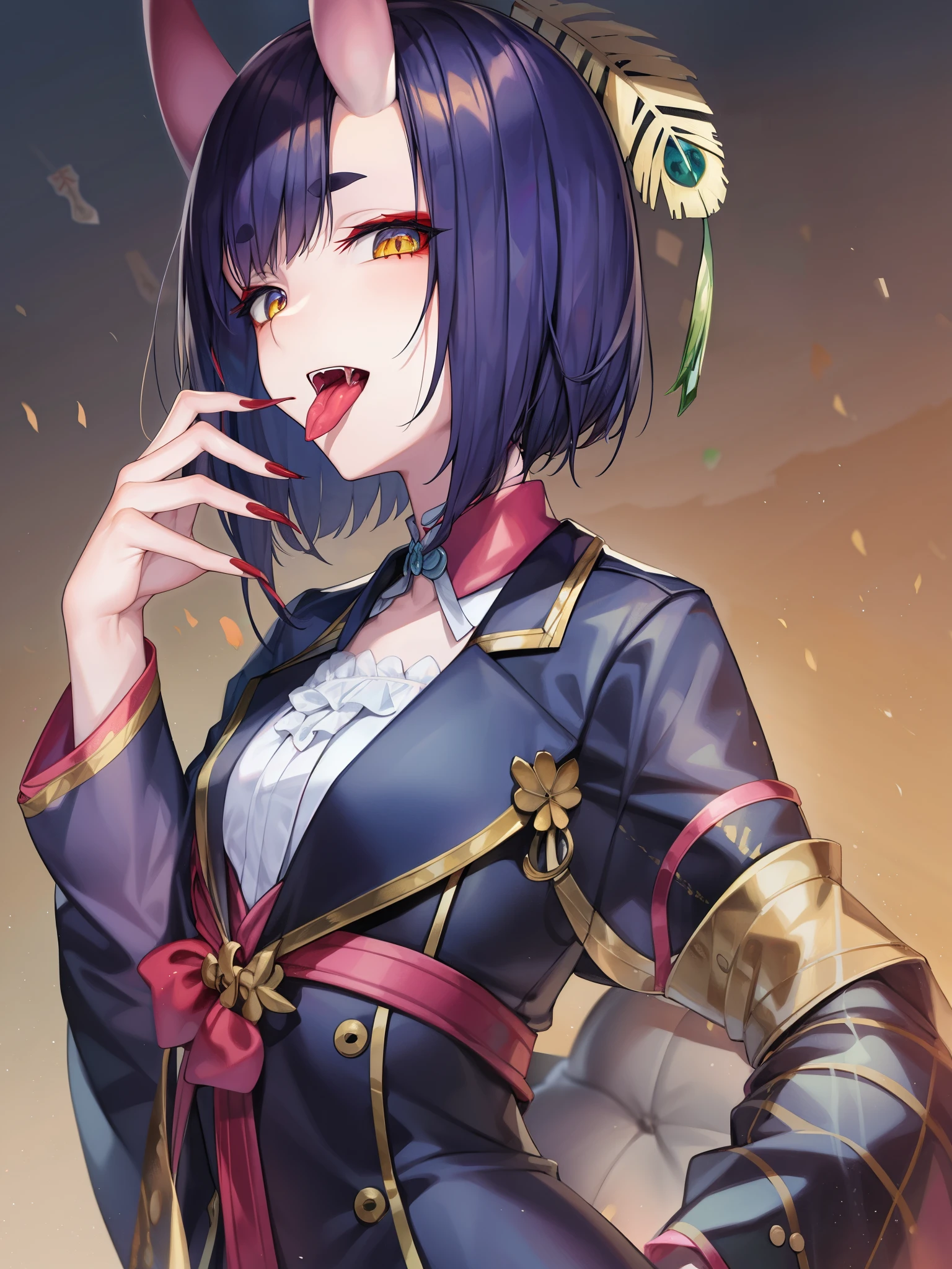 JiangshiT, yellow eyes, tongue out, colored skin, zombie pose, black sclera, ofuda, long fingernails, VivyA, 1girl