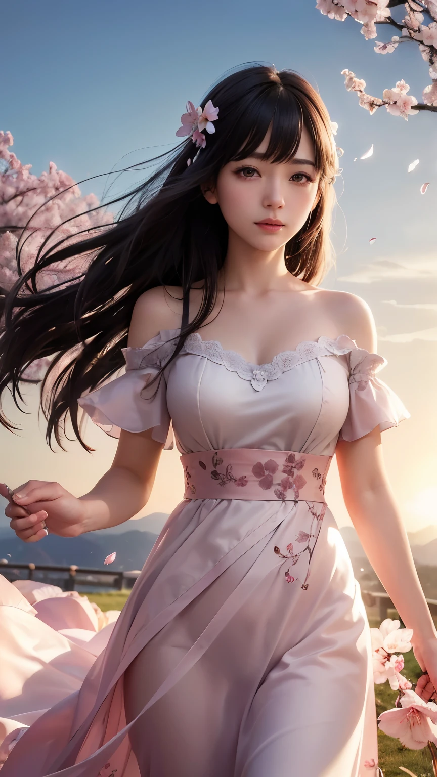(A logo、masterpiece、8K、masutepiece、Raw photo、Fantastic、Best Quality、フォトリアリスティックでighly detailedな CG 統合 8k 壁紙、hightquality、ighly detailed、epic poem、Particle effect、Dynamic effects、depth of fields、Cinematic Light、Lens Flare、Ray tracing)、Fantasia、 (Beauty 1 person、doress、Dress、Cherry blossom pattern、A dark-haired、Beautiful face、Real Face、beautiful details eyes beautiful skin)、髪がthe windで踊る、Hair flutters in the wind、Hair jumps、Pink cherry blossom tree、Petals flutter、Sakura blizzard、Superb view、morning glow、Sun in the background、the wind、