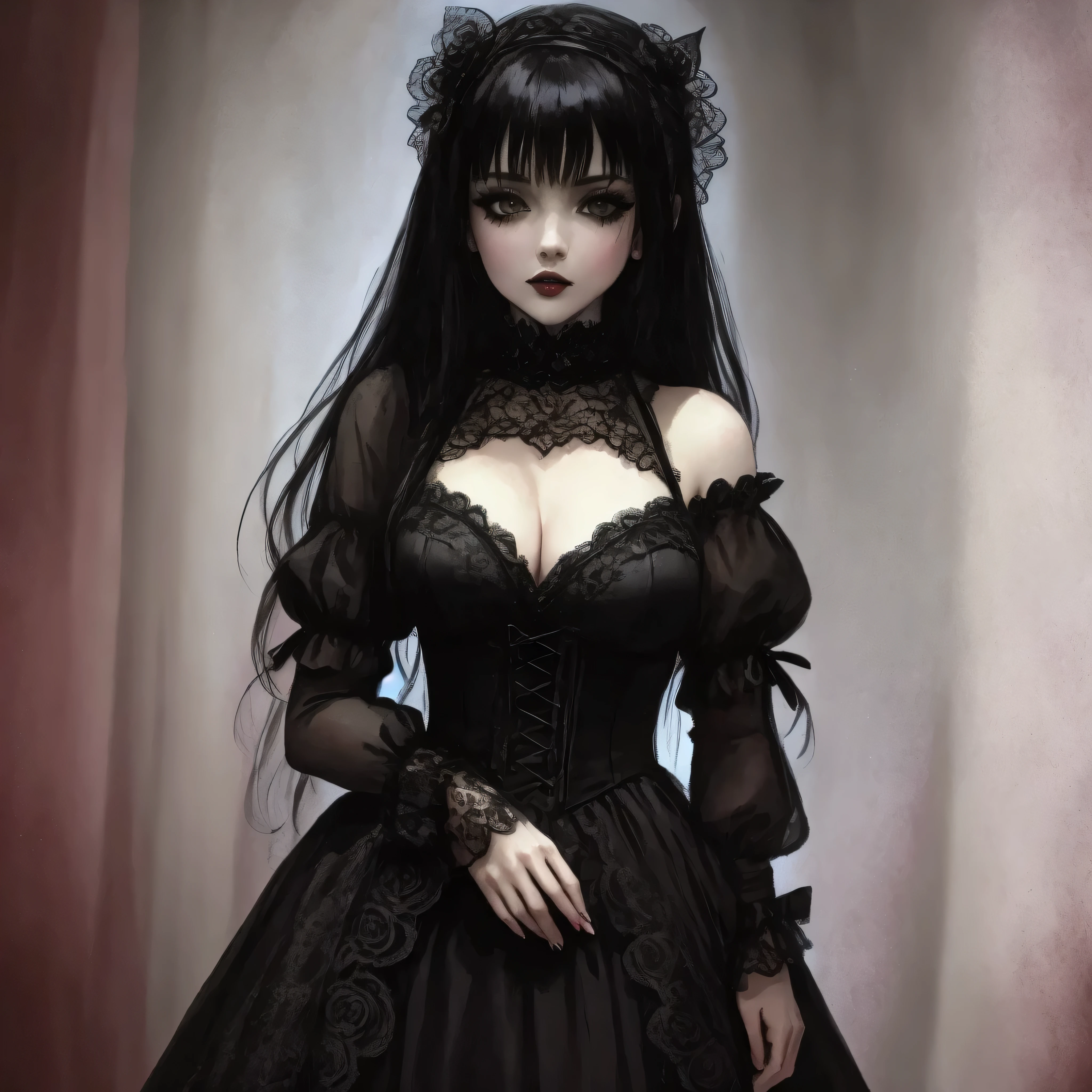 gothic woman in black dress with black lace sleeves, gothic maiden of the dark, gothic maiden, goth woman, gothic girl, wearing a gothic dress, female vampire, scary pose, gothic clothing, elvira in tattered clothes, tattered gothic horror maiden, gothic outfit, gothic fantasy, gothic girl dressed in black, creepy pose, gothic dress