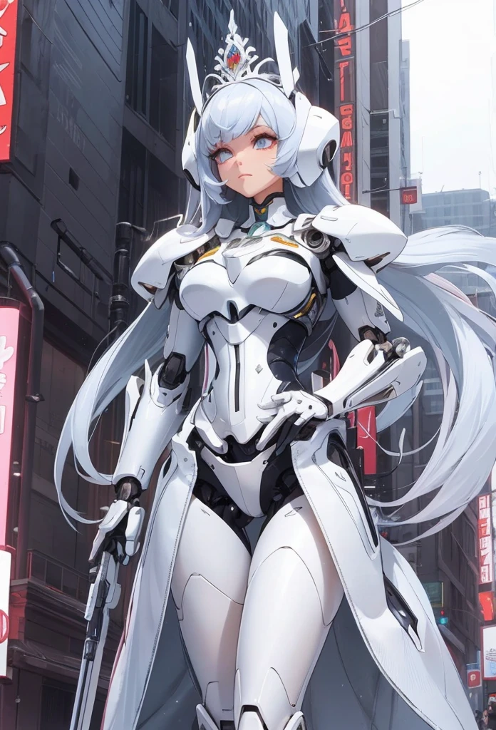 (Detailed illustrations,Very detailed and detailed drawing,Delicate lines with slow and rapid,Realistic texture expression),[Color tressed main line],[Skyscrapers of a modern city can be seen in the distance], ((ANIME)) (Giant white ROBOTGirl SKINNY towering over the building street [Total length 40 meters]),[AUTOMATON] (ROBOT FACE [Luminescent eyes]) [Chain-shaped hair] (Delicate thin fingers) (MACHINEKNIGHT [Titanium skeleton]),[It is called the princess lily of white porcelain] Large crown with large raised shoulder rests (Elegant appearance with a lot of curved surfaces Smooth body surface) (Ruffle Petticoat) [White lily pattern],[[TITANWEAPON]] Mecha Body Metal Skin [Cable running down the body surface [gear wheel]],[Platinum coating],[Science Fiction Mechanical],(Huge feeling),(Intricate and beautiful decoration [Dense detail]),(Fine and beautiful skin expression [Transparency]),[完璧な目のdetaileds (Iris beautifully drawn in every detail)[Jewel-like eyes]],[long and beautiful eyelashes],[Meticulously drawn hair [美しく艷やかな髪のdetaileds]],(完璧な手のdetaileds [Beautiful fingers without breakdowns [Beautiful nails]]),(Perfect Anatomy(Perfectly proportioned))[[Full body like]],[Ideal color coordination(Accurate simulation of light-material interactions)],([Precision Detail](detaileds,high-detail)),[Visual art that conveys a sense of narrative].
