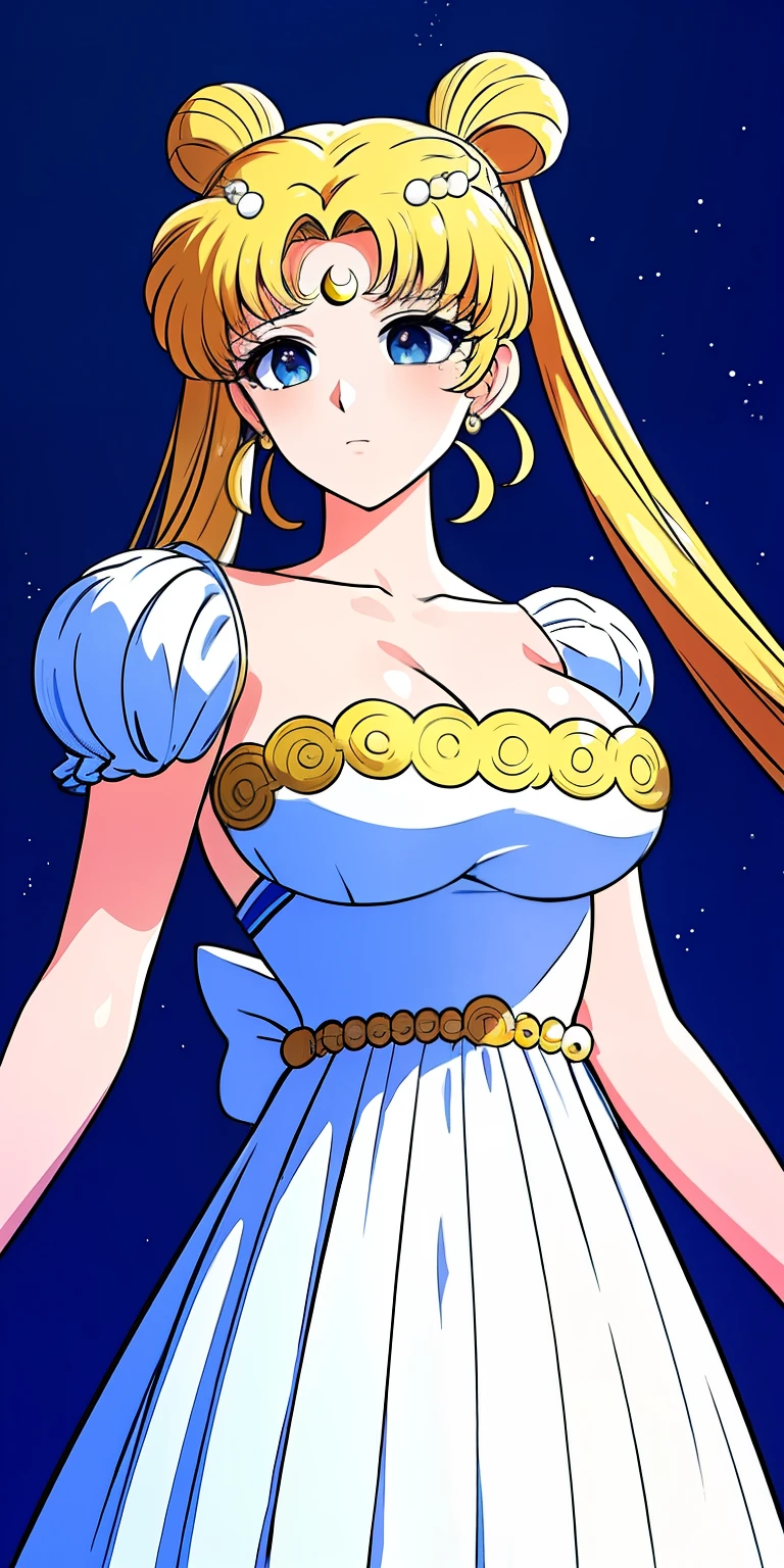 SMU Sagitsukino, 큰pectorals, Standing, Solo, Masterpiece, Best Quality, Detailed face, Detailed Eyes, high resolucion, Masterpiece, Best Quality, Detailed face, Detailed Eyes, high resolucion, Princess costume,tranquility,프린세스tranquility,네오퀸tranquility,pectorals,Big,거대한pectorals,풍만한pectorals.a blond,Dumpling head,왕pectorals,breast,forehead crescent moon,젖pectorals,흘러넘치는pectorals,voluptuousness,The dress,crescent moon on forehead,90s Animation,The dress끈없음