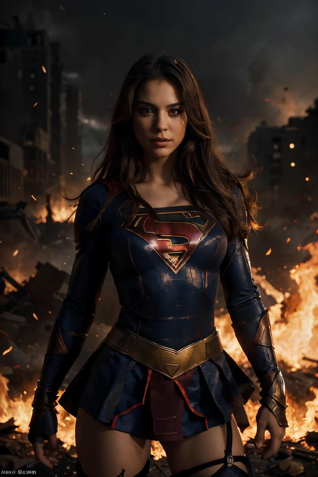 Create an image with advanced image quality and resolution, featuring super detailed depiction of a woman wearing a sexy Supergirl-inspired outfit. Position her at the center of the composition, with a war-torn backdrop engulfed in flames. Ensure the portrayal of the intricacies of the costume, capturing textures and unique features. The fiery war scene should be realistically rendered, incorporating elements such as smoke, debris, and dramatic lighting effects. This image is intended to convey a powerful and visually engaging scene, combining the strength of the sexy Supergirl attire with the urgency and chaos of the war setting.