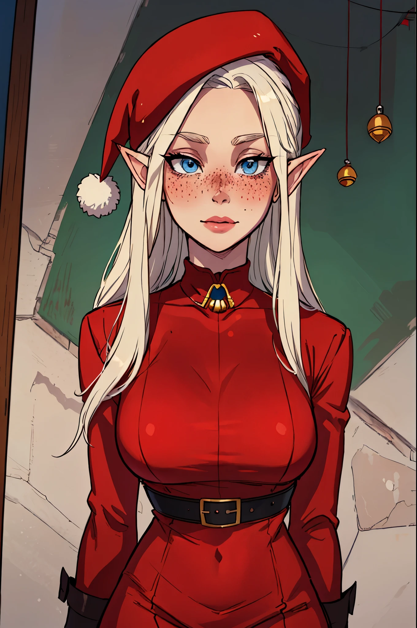 Masterpiece, best quality, portrait, (masterpiece, best quality)1.5, 1girl, solo, red Christmas outfit female elf, cute, Santa hat, blue eyes, blush, jingle bells, freckles, ashen hair