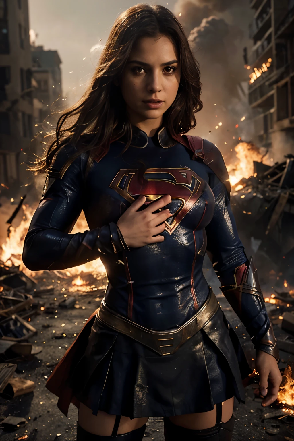 Create an image with advanced image quality and resolution, featuring super detailed depiction of a woman wearing a sexy Supergirl-inspired outfit. Position her at the center of the composition, with a war-torn backdrop engulfed in flames. Ensure the portrayal of the intricacies of the costume, capturing textures and unique features. The fiery war scene should be realistically rendered, incorporating elements such as smoke, debris, and dramatic lighting effects. This image is intended to convey a powerful and visually engaging scene, combining the strength of the sexy Supergirl attire with the urgency and chaos of the war setting.