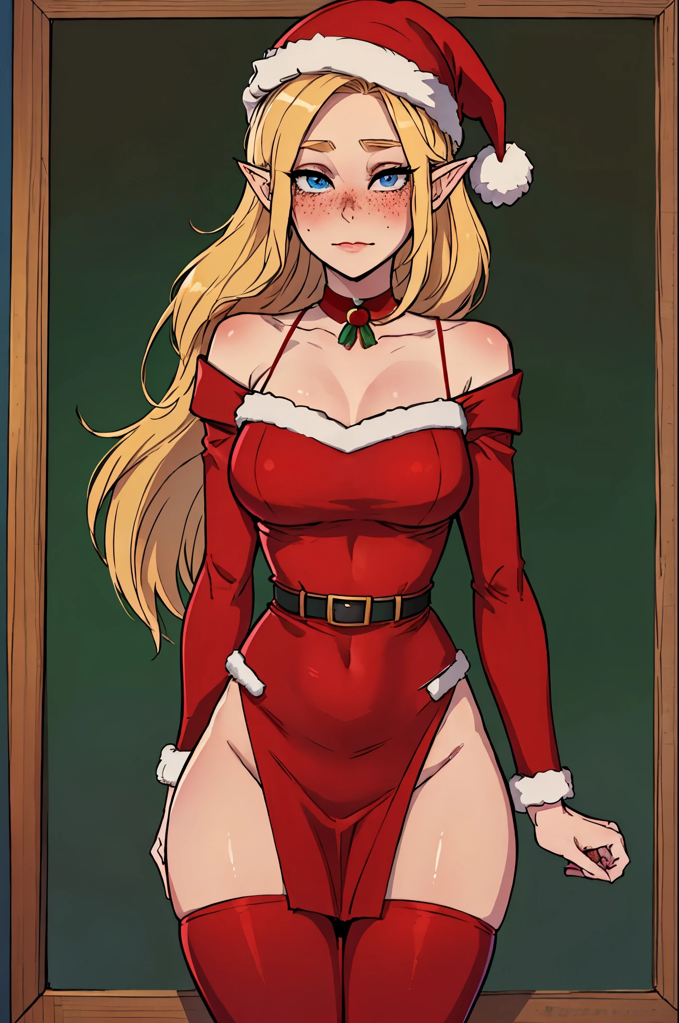 Masterpiece, best quality, portrait, (masterpiece, best quality)1.5, 1girl, solo, red Christmas outfit female elf, cute, Santa hat, blue eyes, blush, jingle bells, freckles, conservative clothes, cute clothing
