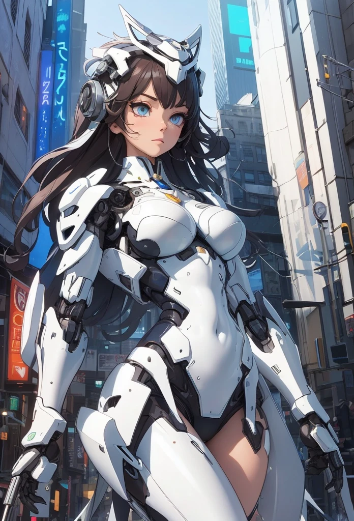 (Detailed illustrations,Very detailed and detailed drawing,Delicate lines with slow and rapid,Realistic texture expression),[Color tressed main line],[Skyscrapers of a modern city can be seen in the distance], ((ANIME)) (Giant white ROBOTGirl SKINNY towering over the building street [Total length 40 meters]),[AUTOMATON] (ROBOT FACE [Luminescent eyes]) [Chain-shaped hair] (Delicate thin fingers) (MACHINEKNIGHT [Titanium skeleton]),[It is called the princess lily of white porcelain] Large crown with large raised shoulder rests (Elegant appearance with a lot of curved surfaces Smooth body surface) (Ruffle Petticoat) [White lily pattern],[[TITANWEAPON]] Mecha Body Metal Skin [Cable running down the body surface [gear wheel]],[Platinum coating],[Science Fiction Mechanical],(Huge feeling),(Intricate and beautiful decoration [Dense detail]),(Fine and beautiful skin expression [Transparency]),[完璧な目のdetaileds (Iris beautifully drawn in every detail)[Jewel-like eyes]],[long and beautiful eyelashes],[Meticulously drawn hair [美しく艷やかな髪のdetaileds]],(完璧な手のdetaileds [Beautiful fingers without breakdowns [Beautiful nails]]),(Perfect Anatomy(Perfectly proportioned))[[Full body like]],[Ideal color coordination(Accurate simulation of light-material interactions)],([Precision Detail](detaileds,high-detail)),[Visual art that conveys a sense of narrative].