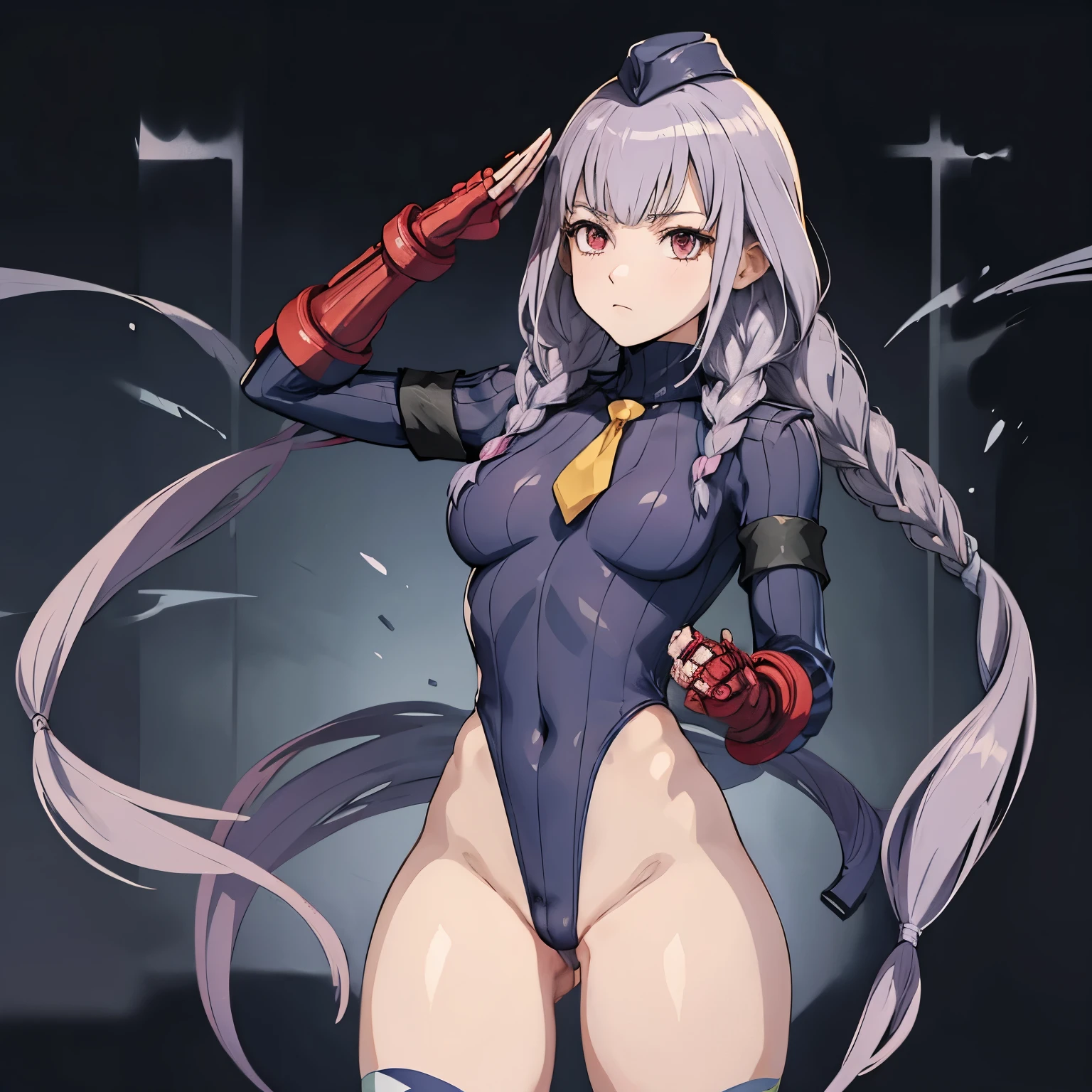 ultra-detailed, Explicit, Beautiful body, Beautiful Nose, Beautiful character design, perfect eyes, perfect face, ultra highres, 4K, beautiful legs, perfect legs, Nice hands, Perfect hand, Masterpiece, Best Quality, Highly detailed, illustration, absurdres, street fighter, doll suit, shadaloo doll, dollsuit, girls, multiple girls, expressionless, blank eyes, looking at viewer, red gloves, emotionless, black latex, corrution, mind control, female combatant, full body, hypnotized, unhappy trance, full body suit, ribbed bodysuit, obey, perfect female body, extremely glossy latex, hypnosis, hypnoLora, empty eyes, Mind control device, poses, brainwashed, submissive_pose, Slave, hat, necktie, belt, latex, garter belt, thighhighs, stand up straight, standing, standing at attention, fighting stance, salute, military salute, saluting, Hitotsuyanagi Yuri, ault Lily, red eyes, pink hair, braids, long hair