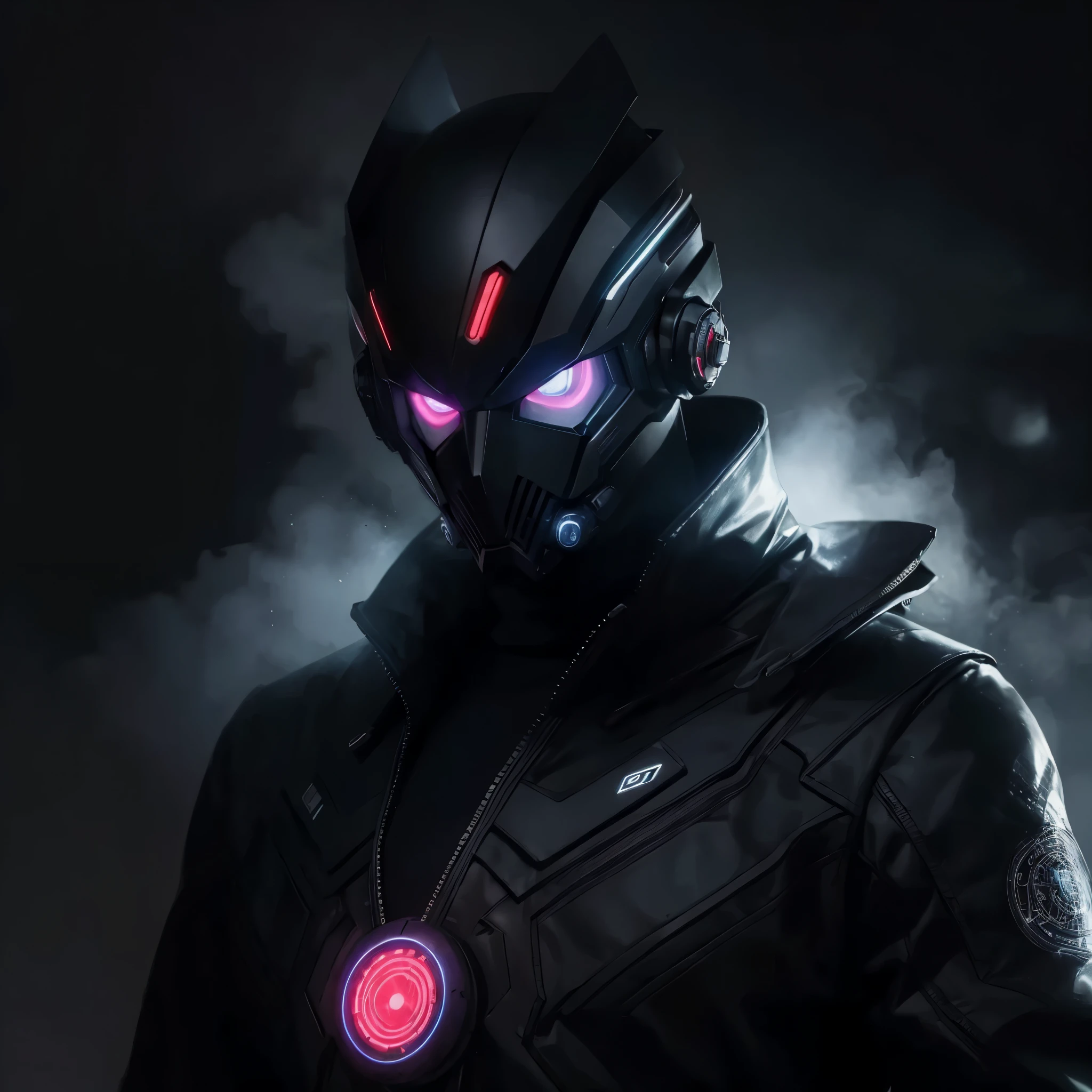 Man in unique mask with cosmic eyes and futuristic overcoat, smoky background, cabelos jogados para o lado, futuristic mask, estilo cyberpunk visto da cinta para cima, Foto realista, 8k, 4k, extreme res, ultra high-resolution, Goon Street dynamic lighting, assassino cyberpunk, cyberpunk hero, hacker cyberpunk, personagem cyberpunk, soldado cyberpunk, Master Chief em Cyberpunk City, tem estilo cyberpunk, estilo cyberpunk hiper-realista, cyberpunk with neon lighting, Dan Mumford. 8K Octane rendering, hero pose colorful city lighting, dark cyberpunk illustration