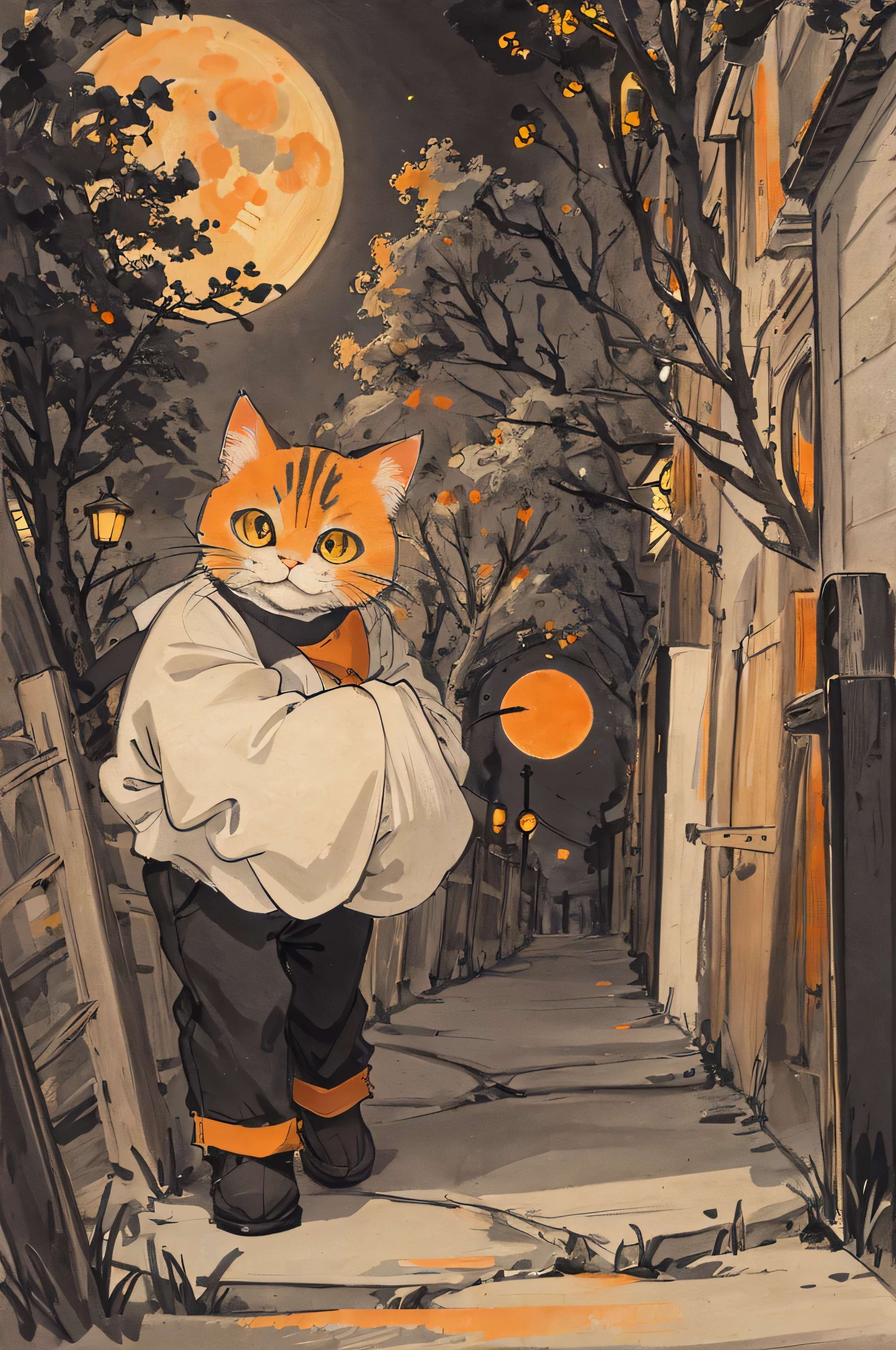 cat,orange,cute,big eyes,masterpiece,full moon,alley