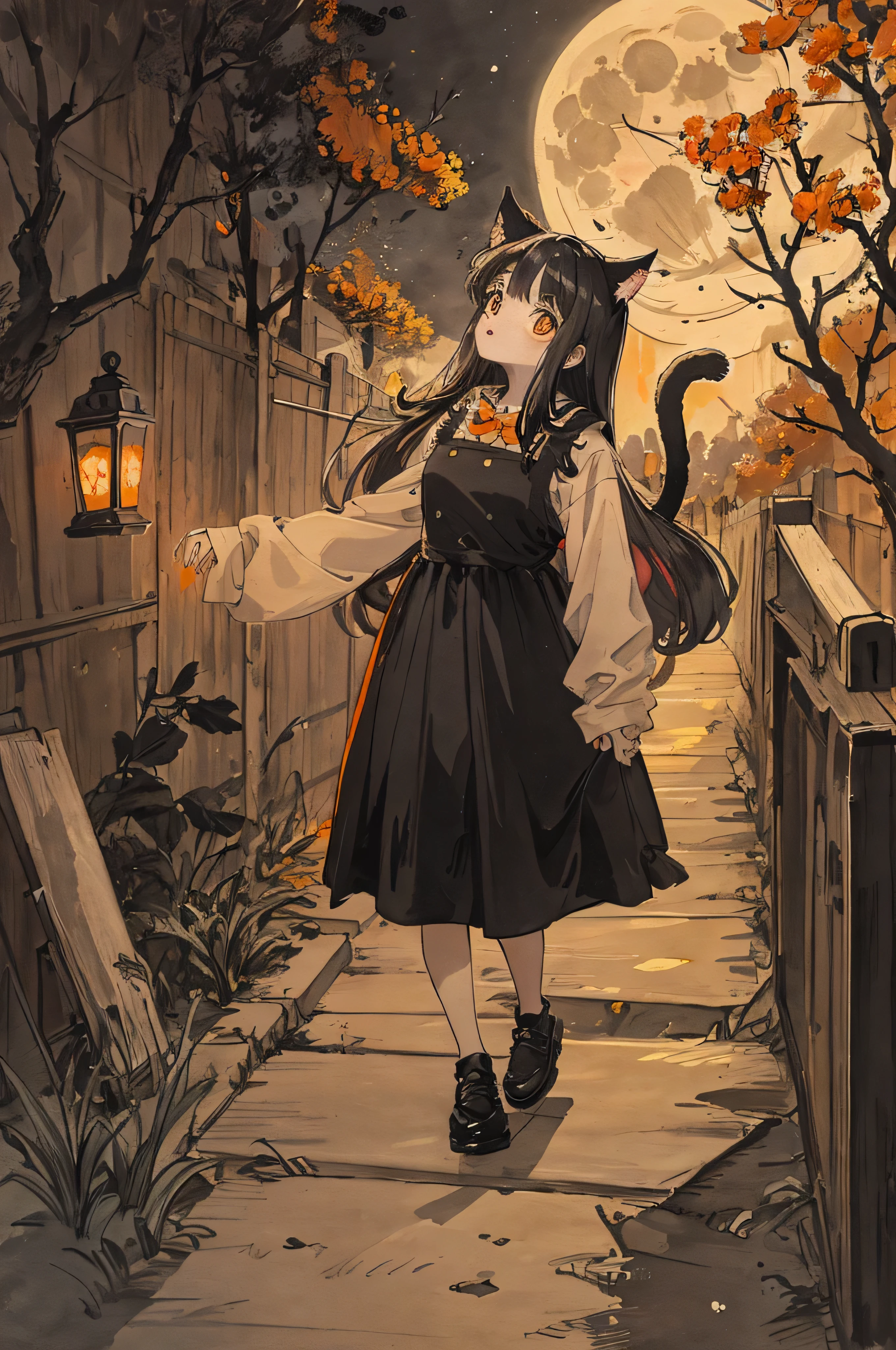 cat,orange,cute,big eyes,masterpiece,full moon,alley