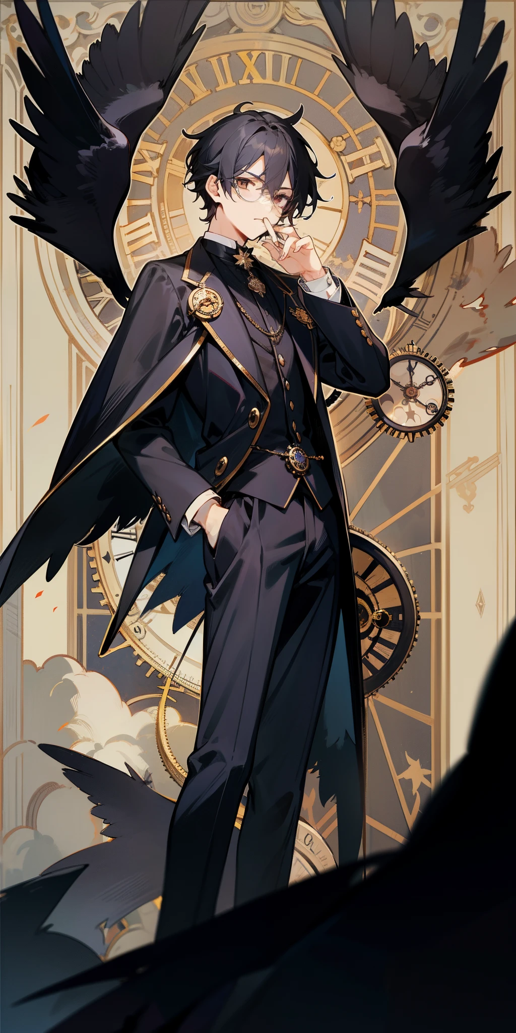 Black-haired boy,monocle,pocketwatch,Night,cawing ravens