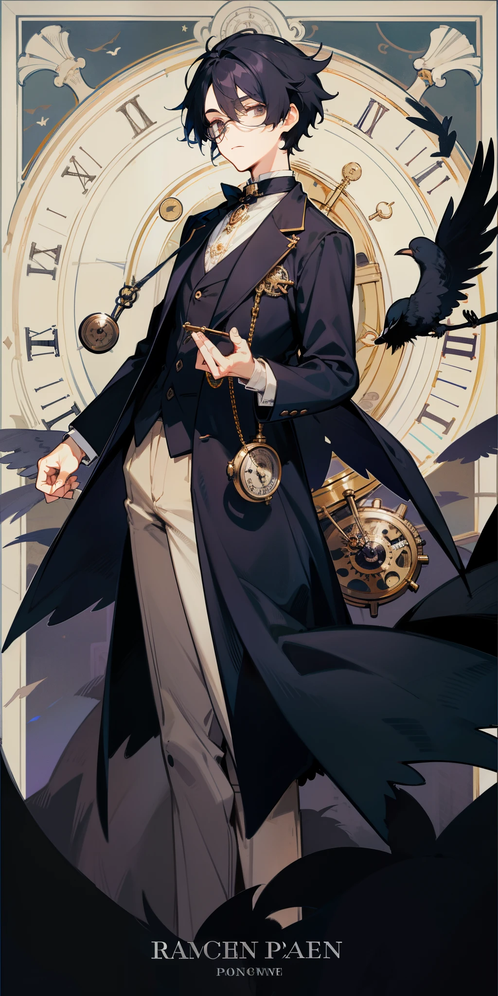 Black-haired boy,monocle,pocketwatch,Night,cawing ravens
