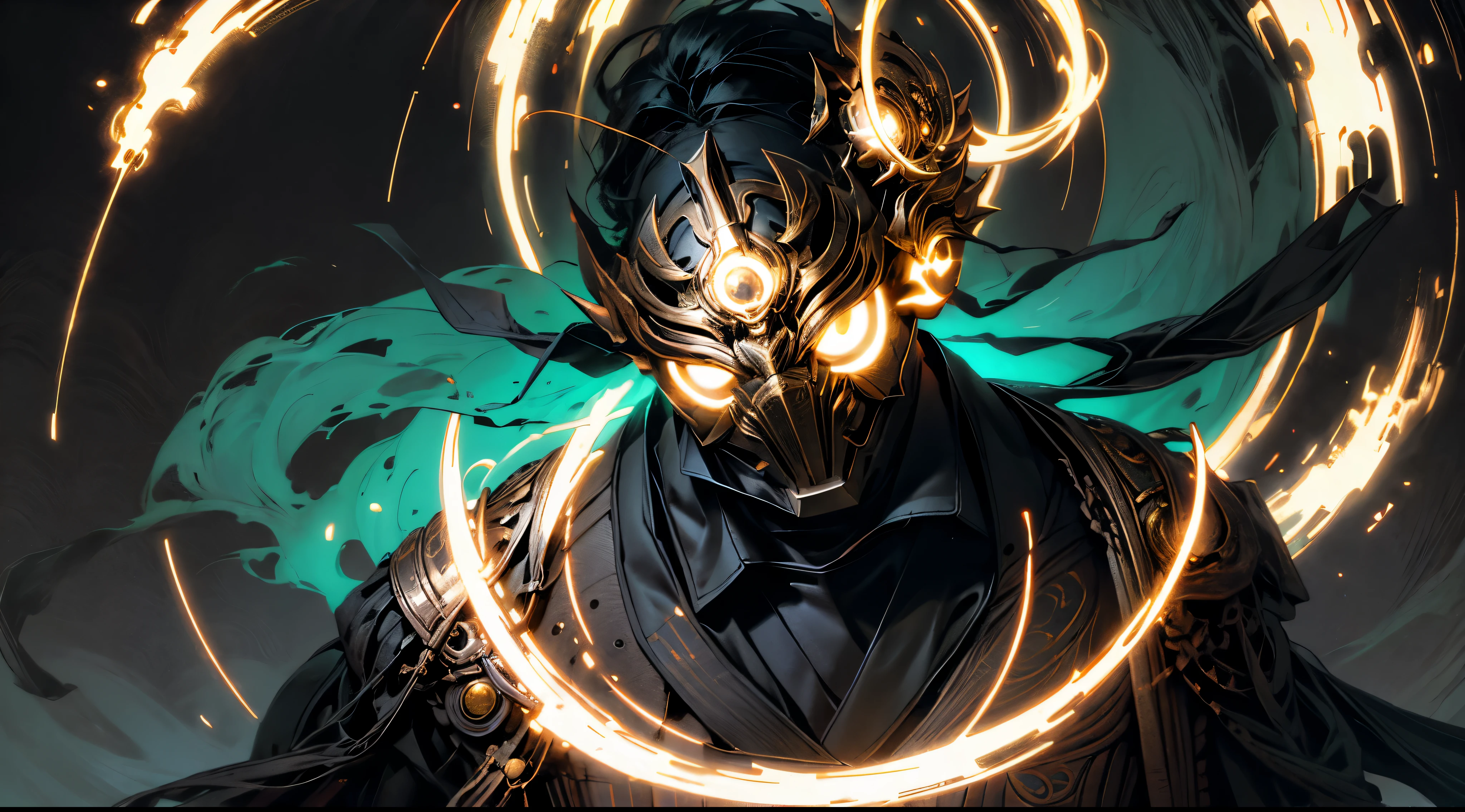 of a man，Wear a mask，eyes glowing，brightened light，in a panoramic view