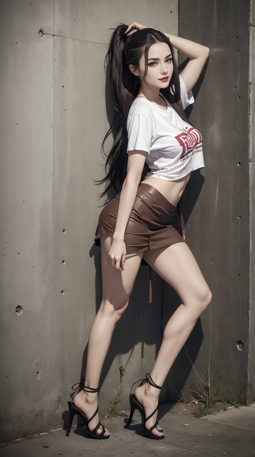 24-year-old woman、Hair color is brunette、Eye color is blue、Longhaire、wearing eye shadow and lipstick、Slender but well-proportioned muscular body、a smile、Beautiful breasts、I'm wearing a T-shirt that's too small、I can see the lower breasts、My abs are cracked、I can see the navel、She's wearing a tight skirt with a deep slit.、my hair is tied up、I'm wearing lace-up sandals、on an old concrete wall、I can see the lower breasts