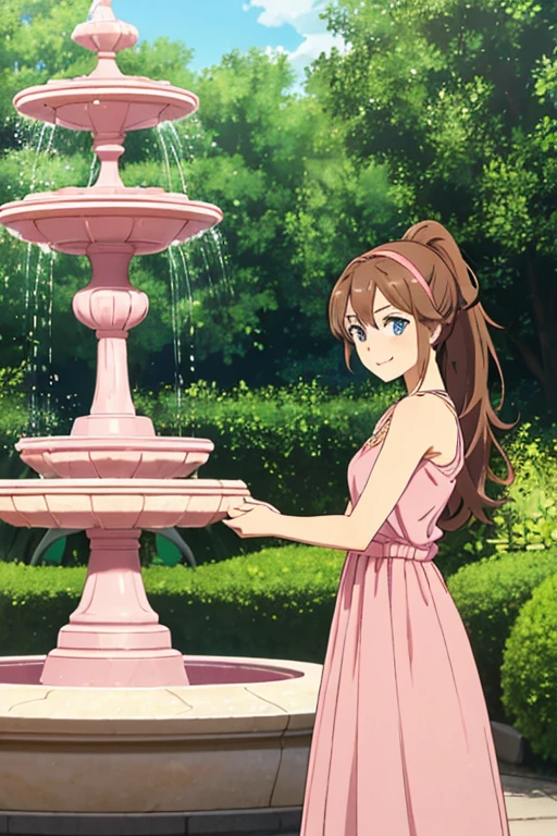 Best lighting, 1 girl, solo, brown hair, medium hair, ponytail, pink Hairband, blue eyes, bare shoulders, bare arms, pink maxi dress, little pink dress, golden necklace, smile, cowboy shot, standing, garden, water fountain, beautiful, best quality