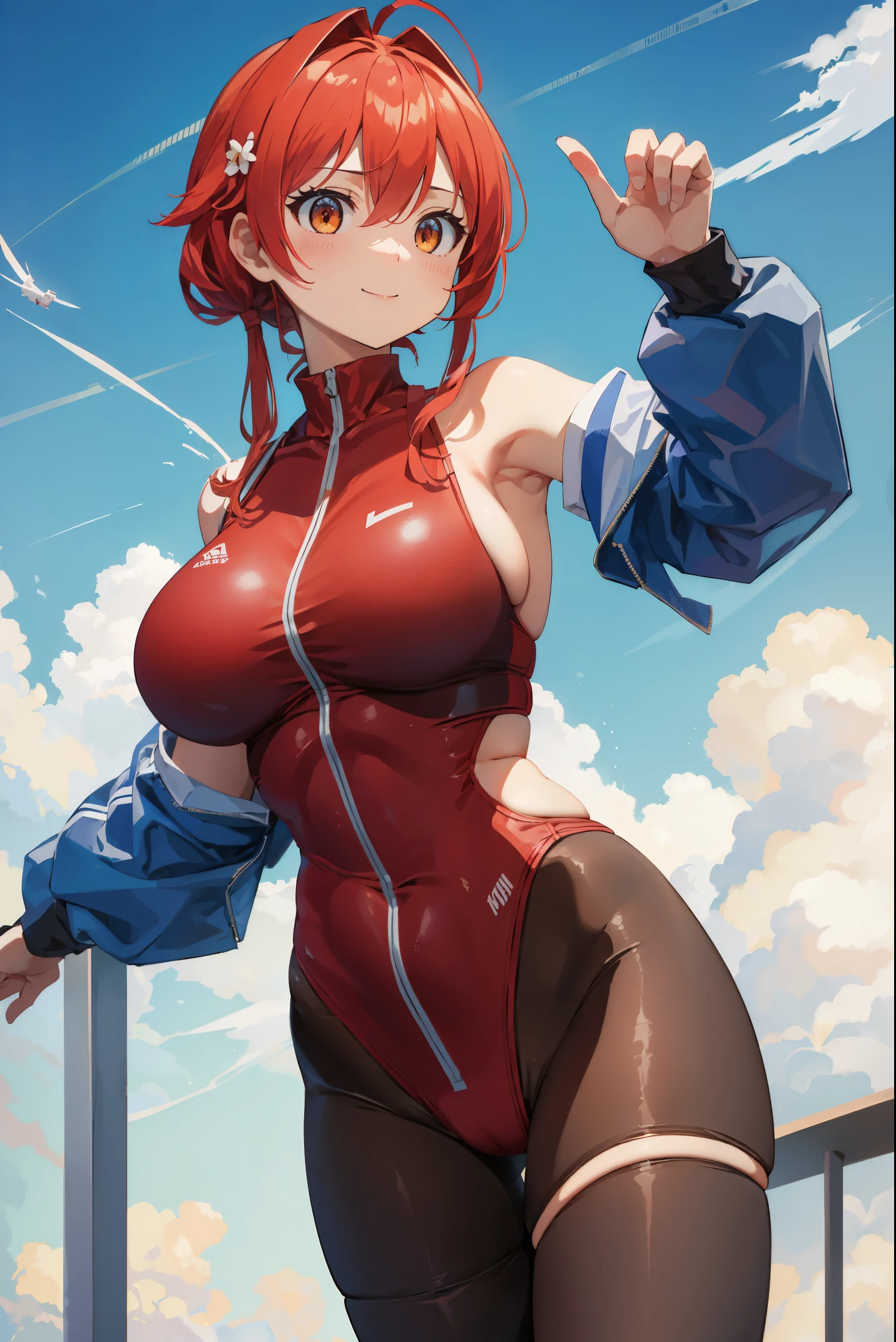 城市， A high resolution, (巨作:1.4), A very detailed one, 1个Giant Breast Girl, from the above, the space, jogging, Killing City Combat Suit, Focus sharp, (电影灯光), (1个Giant Breast Girl), light  smile，The 5 fingers on each hand are very detailed，