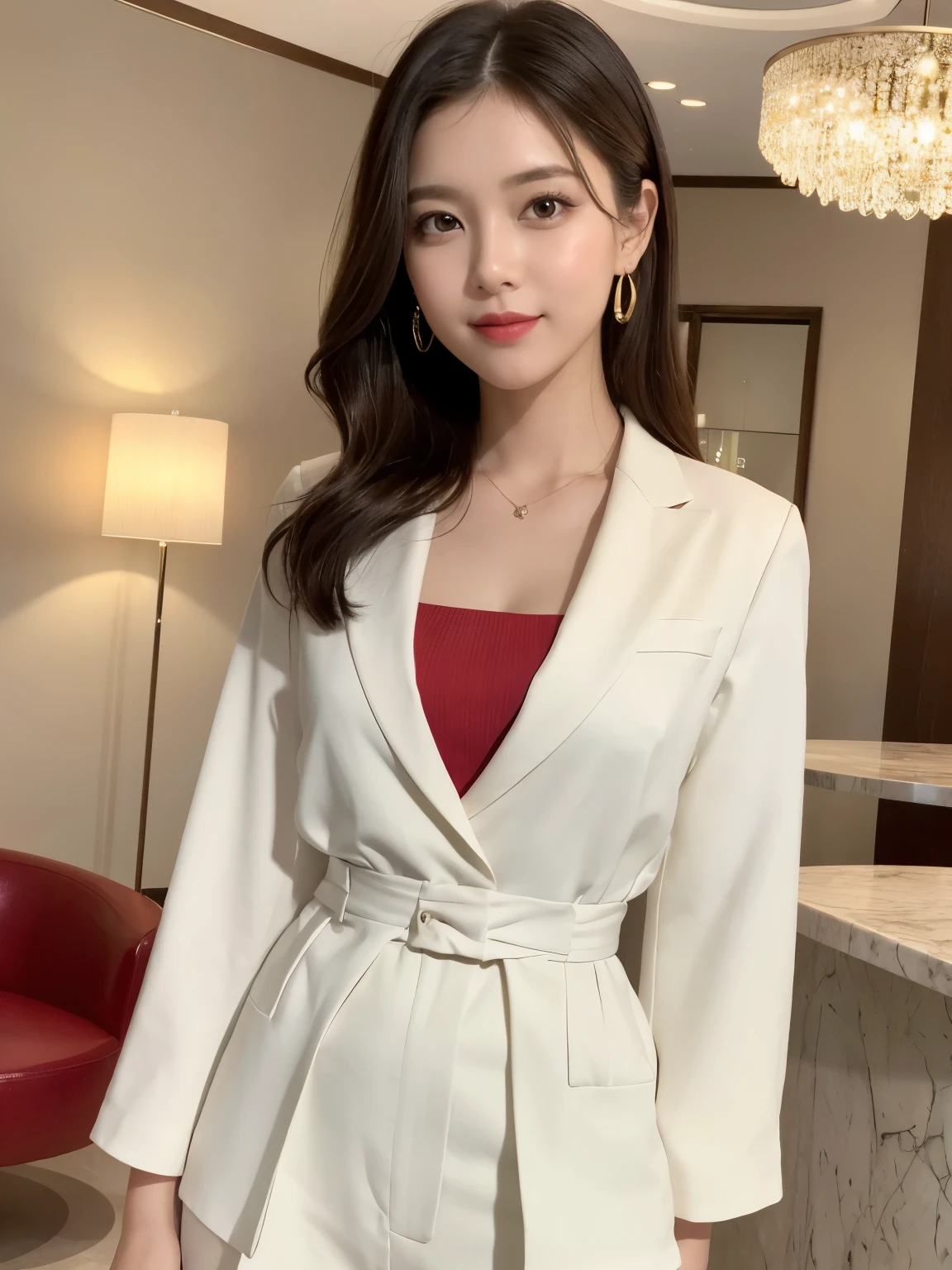 ((Top quality, 8K, Masterpiece: 1.3)), Beautiful girl, Pure, Melon face, Kind and cute, Sweet smile, Pure desire, Slender body, (Front), (Tilted head), ((Looking at camera) ), wearing a casual bright suit, medium hair, long flowing shoulders, round black big eyes, clear big eyes, moist red lips, sweet, standing, hotel reception background, (waist shot),