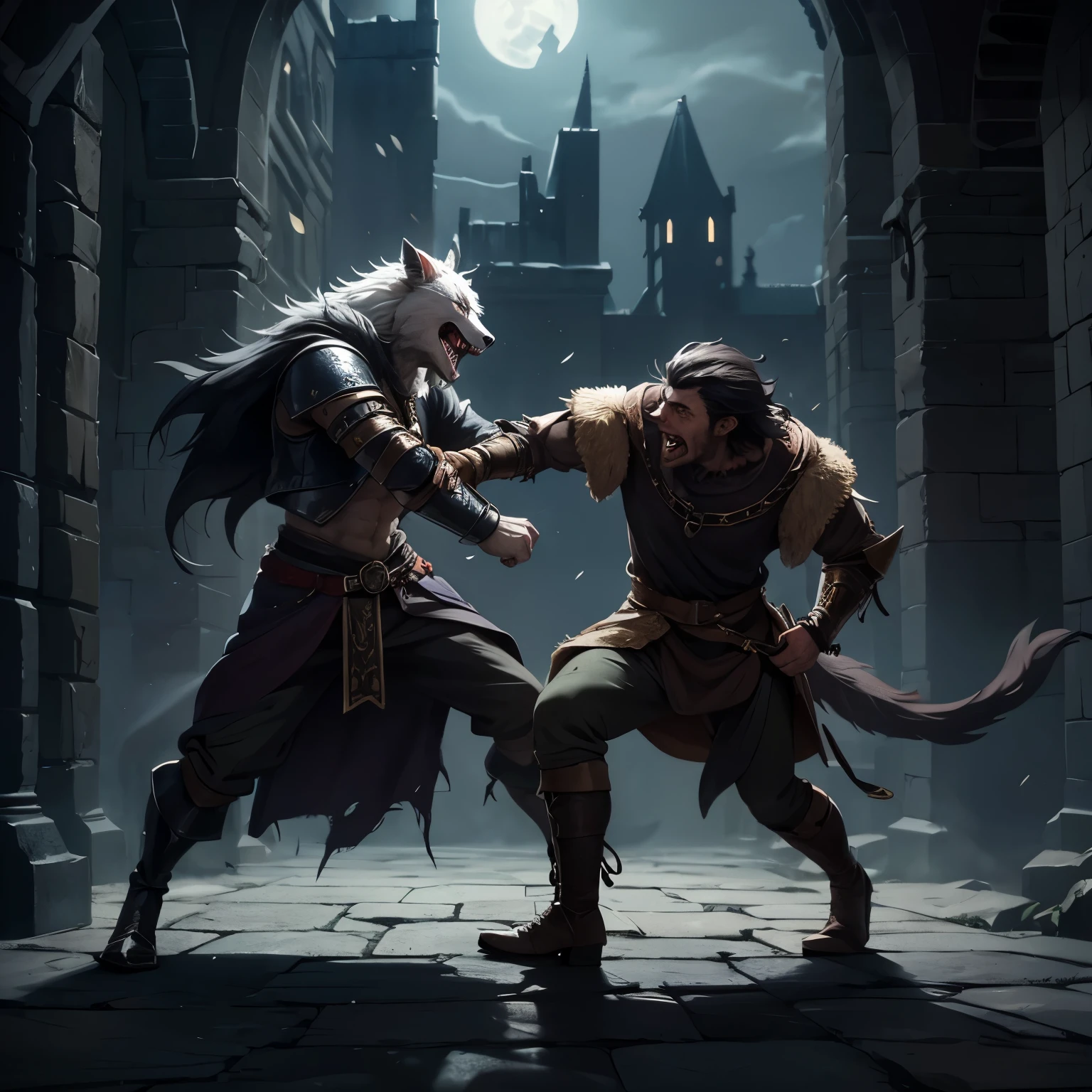 Fight between two werewolves from medieval times, Gloomy Illumination.