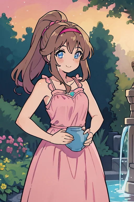 Best lighting, brown hair, medium hair, ponytail, pink Hairband, blue eyes, bare shoulders, bare arms, pink maxi dress, little pink dress, golden necklace, smile, cowboy shot, standing, garden, water fountain, beautiful, best quality