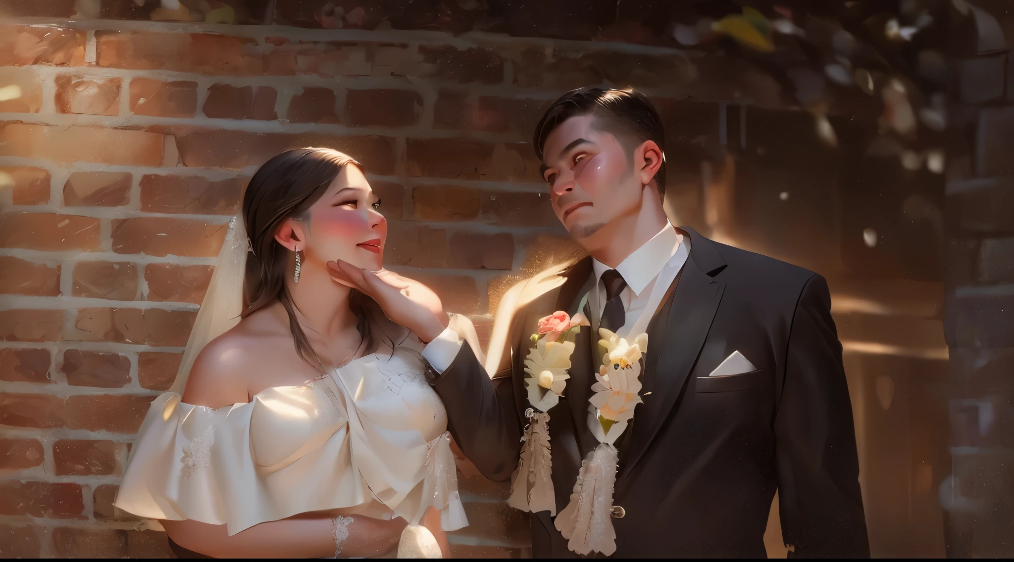 bride and groom standing in front of a brick wall, wedding photo, photoshoot, diy, photo shoot, 🤬 🤮 💕 🎀, wedding, backdrop, by Joy Garnett, by Robbie Trevino, by Jeka Kemp, ruan jia and brom, inspired by Ke Jiusi, in front of white back drop, by Rhea Carmi, by Daphne Allen