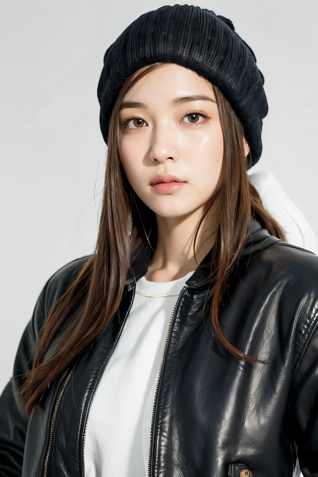 (
(8k:1.27), best quality, masterpiece, ultra highres:1.2) Photo of Pretty Japanese woman
(beautiful:1.1) (sci-fi warrior woman:1.1) space soldier, (beanie:1.61) (leather jacket:1.21) intricate elegant, fantasy, detailed, ometric by greg rutkowski and alphonse mucha, gradient lighting