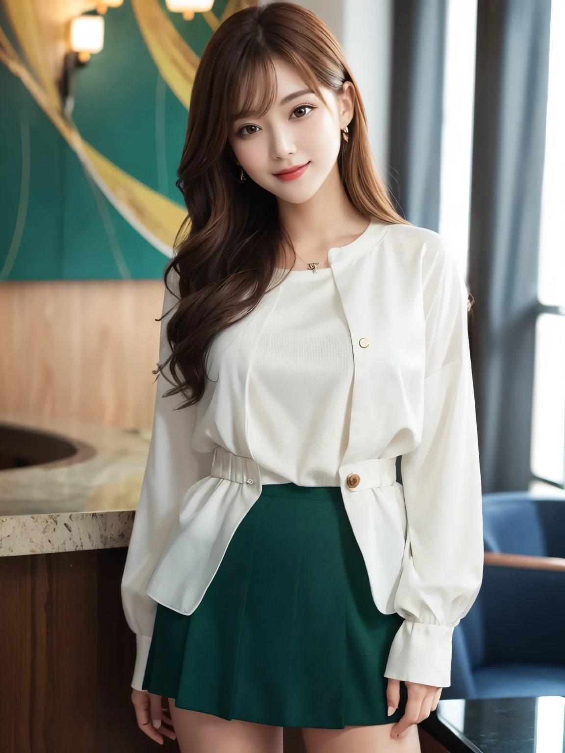 ((Top quality, 8K, Masterpiece: 1.3)), Beautiful girl, Pure, Melon face, Kind and cute, Sweet smile, Pure desire, Slender body, (Front), (Tilted head), ((Looking at camera) ), wearing a casual bright suit and skirt, medium hair, long flowing shoulders, round black big eyes, clear big eyes, moist red lips, sweet, standing, hotel reception background, (waist shot),