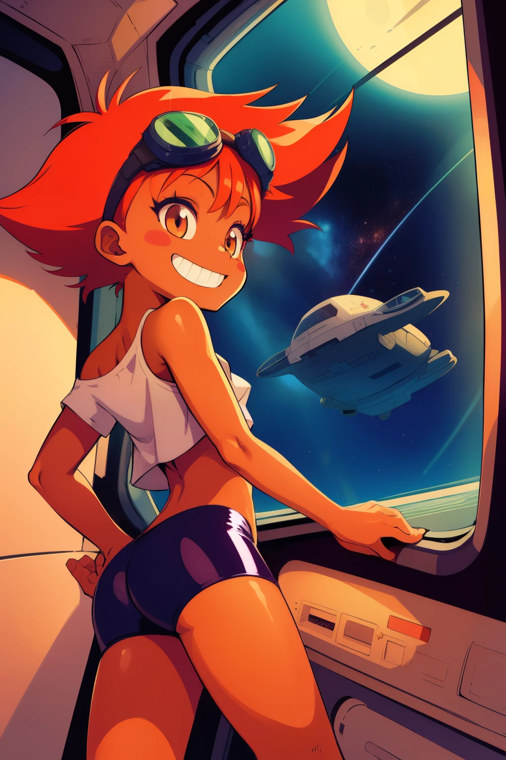 1girl, masterpiece, (detailed background), best quality, absurdres, eyelashes, eyeshadow, orange hair, tiny breasts, standing in space ship, window showing space and stars, edward, solo, short hair, smile, barefoot, dark skin, dark-skinned female, blush stickers, goggles, bike shorts, goggles on head, tomboy, midriff, looking at viewer, grin (((backside view)))