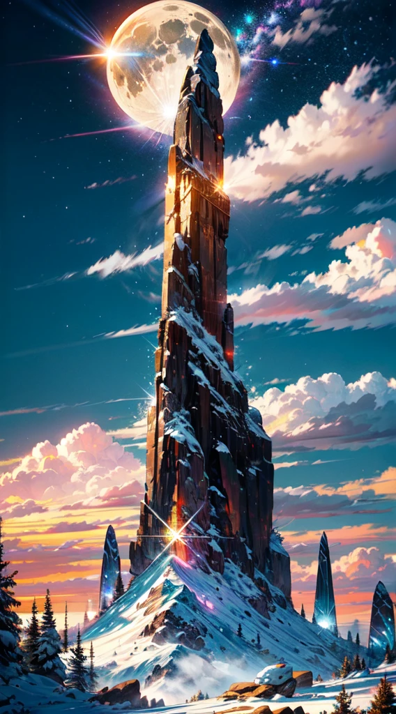 A resplendent mountain rises majestically, its peak aglow with an otherworldly radiance. Bathed in celestial light, this towering monolith stands as a beacon against the canvas of the sky. The mountain's surface gleams, reflecting the brilliance of the sun or moon, creating an awe-inspiring spectacle that captivates all who behold it. Its slopes, adorned with sparkling facets, shimmer and glimmer like a celestial jewel amidst the rugged landscape. This shining mountain, an emblem of nature's grandeur, exudes an ethereal and almost divine presence that leaves observers spellbound by its sheer magnificence.