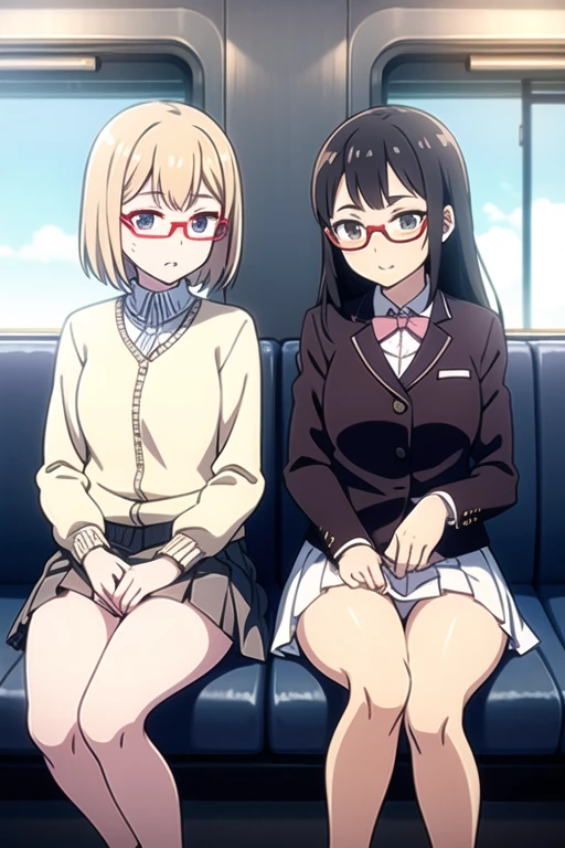 Two high school girls sitting side by side on train chairs 校服 white line mini skirt Open legs White panties are visible be shy Open legs Rimmed glasses Best Quality