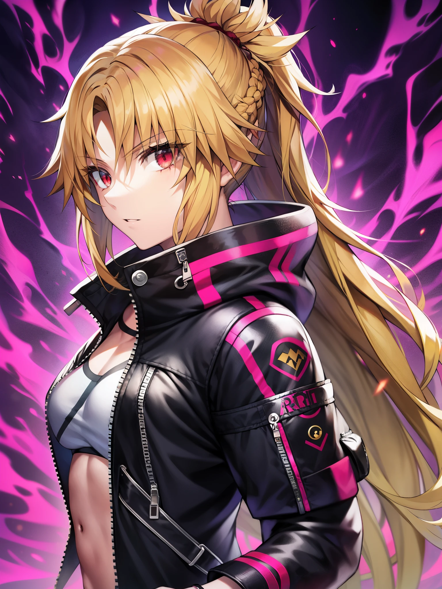 Upper body, 2females, Black hair, length hair, Red Eyes, (Streetwear Style), Black jacket, big breats, Wallpaper, Lightning background, light Particle, (masutepiece), Best Quality, of the highest quality, pale white skin, Solo, Black Cap, Midriff, lightning style