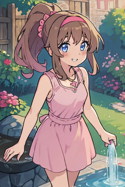 Best lighting, 1 girl, solo, brown hair, medium hair, ponytail, pink Hairband, blue eyes, bare shorts, bare arms, pink maxi dress, little pink dress, golden necklace, smile, cowboy shot, standing, garden, water fountain, beautiful, best quality