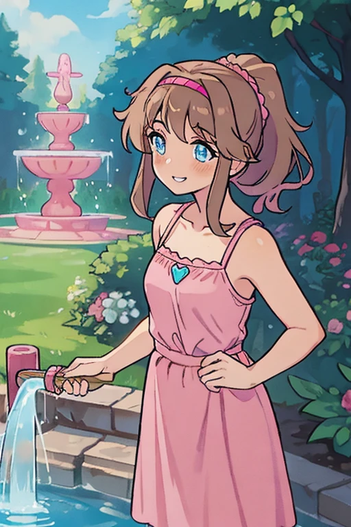 Best lighting, 1 girl, solo, brown hair, medium hair, ponytail, pink Hairband, blue eyes, bare shorts, bare arms, pink maxi dress, little pink dress, golden necklace, smile, cowboy shot, standing, garden, water fountain, beautiful, best quality