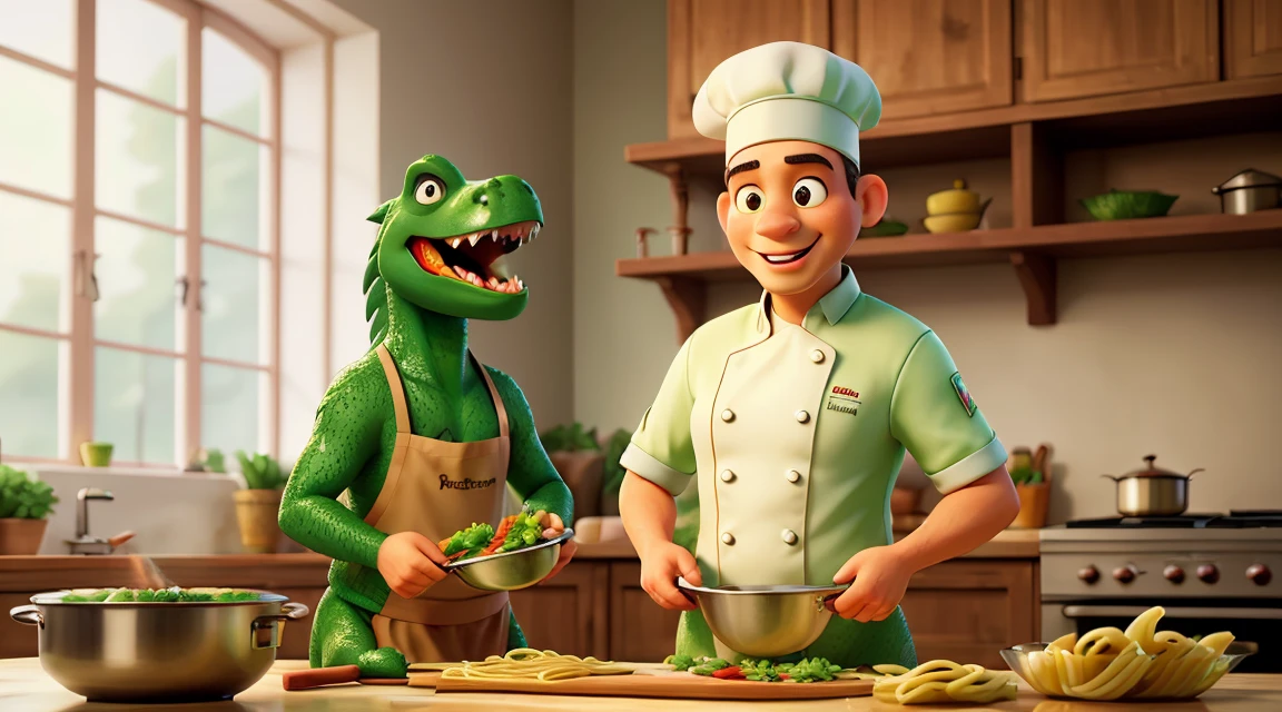 a green Tyrannosaurus rex, in a chef's outfit, cooking pasta, with a pan in front of him