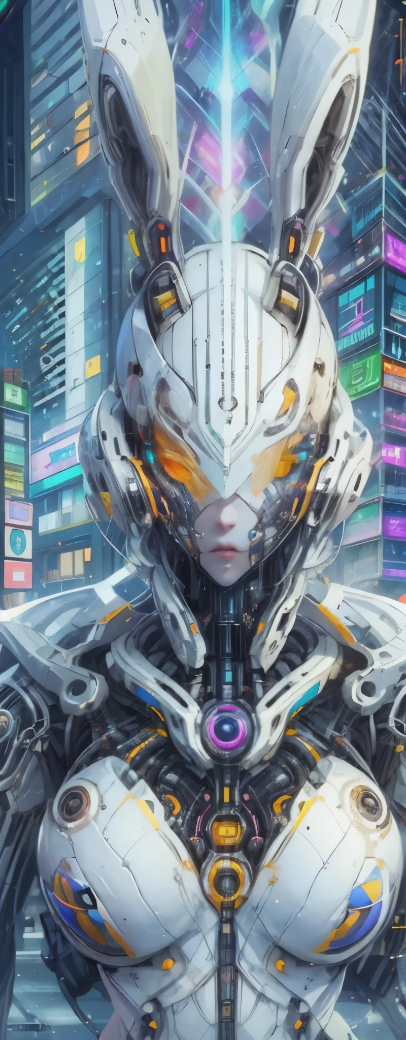 1 Girl, Skin-Tight Body-suite, White Body-Suite, Mecha-Bunny Ears, ((wearing cybernetic Visor as Eye-Wear)), Gadgets, (cyberpunk city background at night), Japanese scene, fractalized, fractal_body